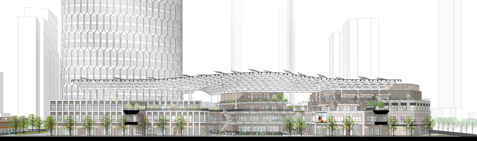 Elevation drawing showing a low-rise podium with expansive roof canopy flanked by high-rise towers