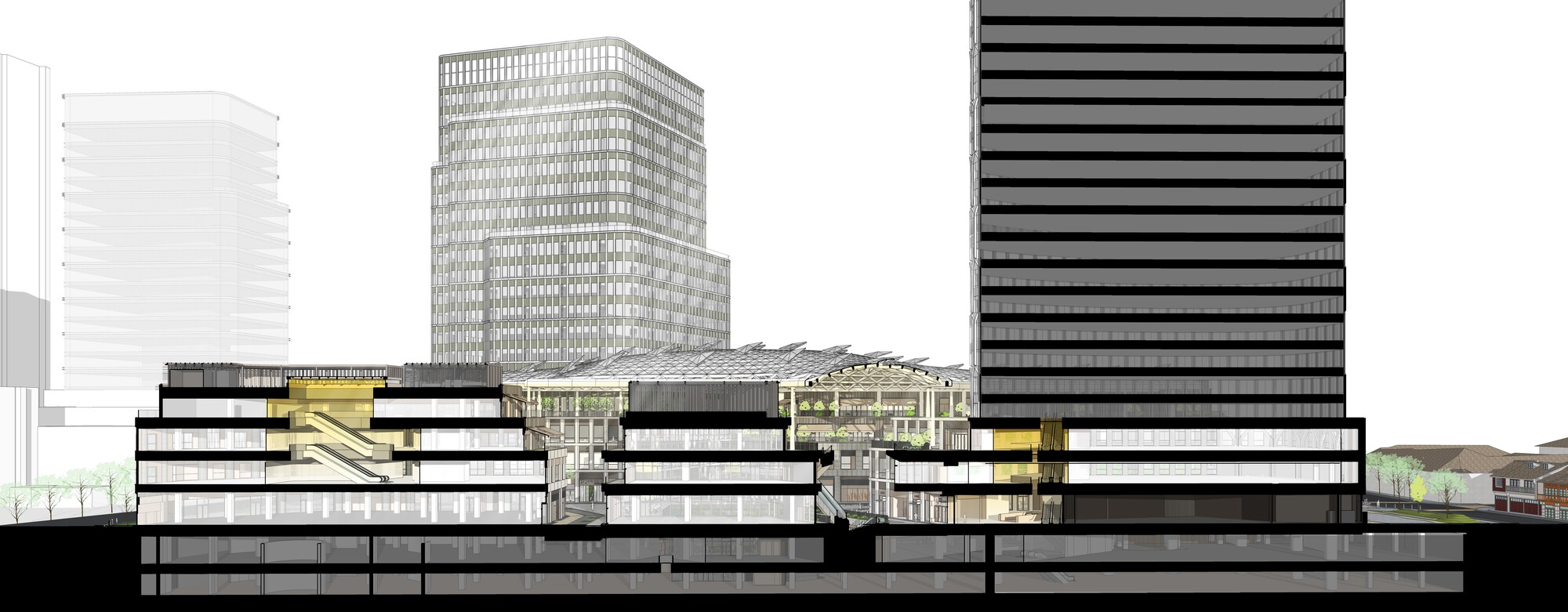 Section drawing revealing horizontal striped volumes with yellow accent spaces between surrounding towers