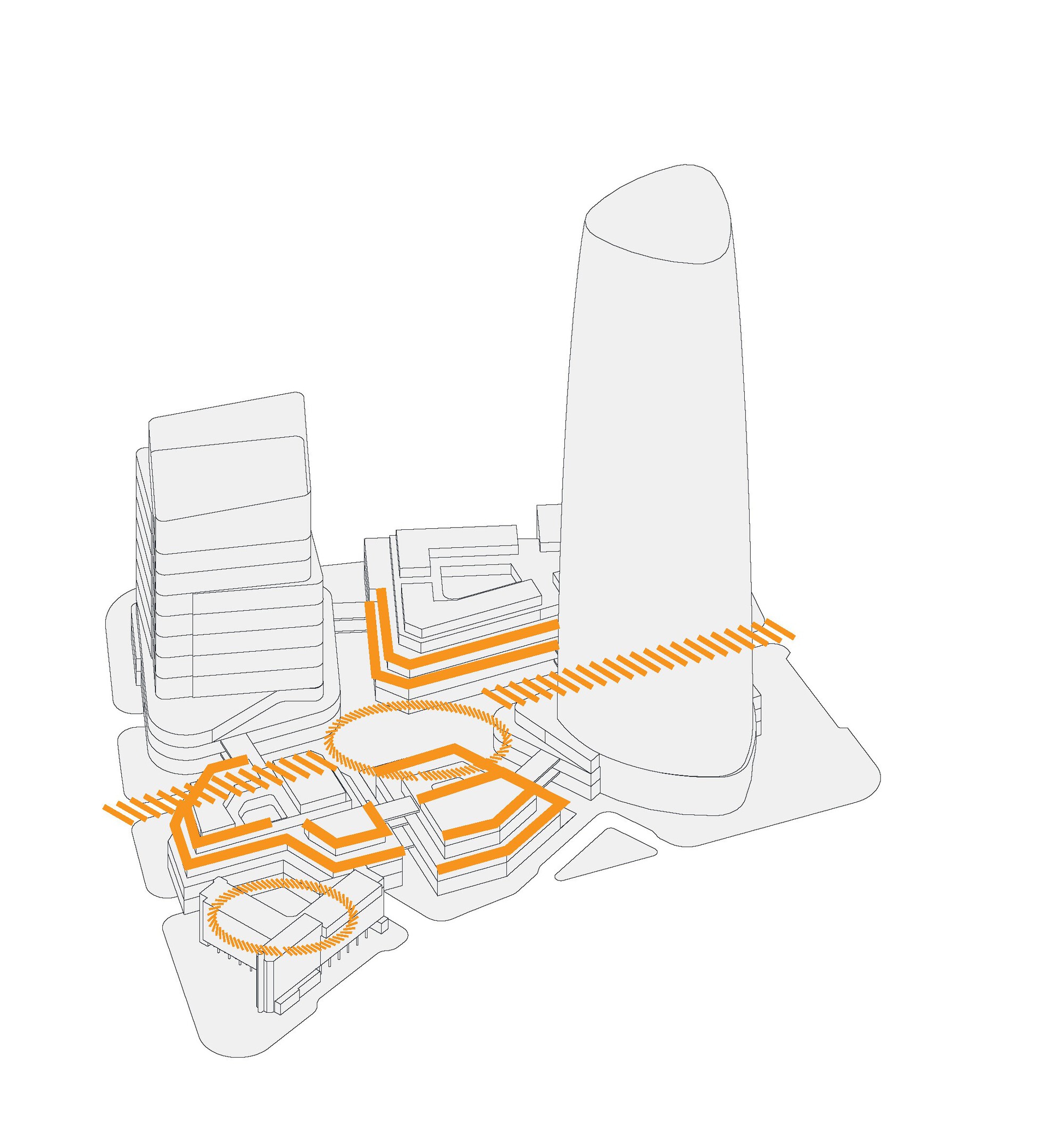The image is an axonometric diagram of an architectural complex, illustrating pedestrian circulation routes with orange lines. The design features a prominent t