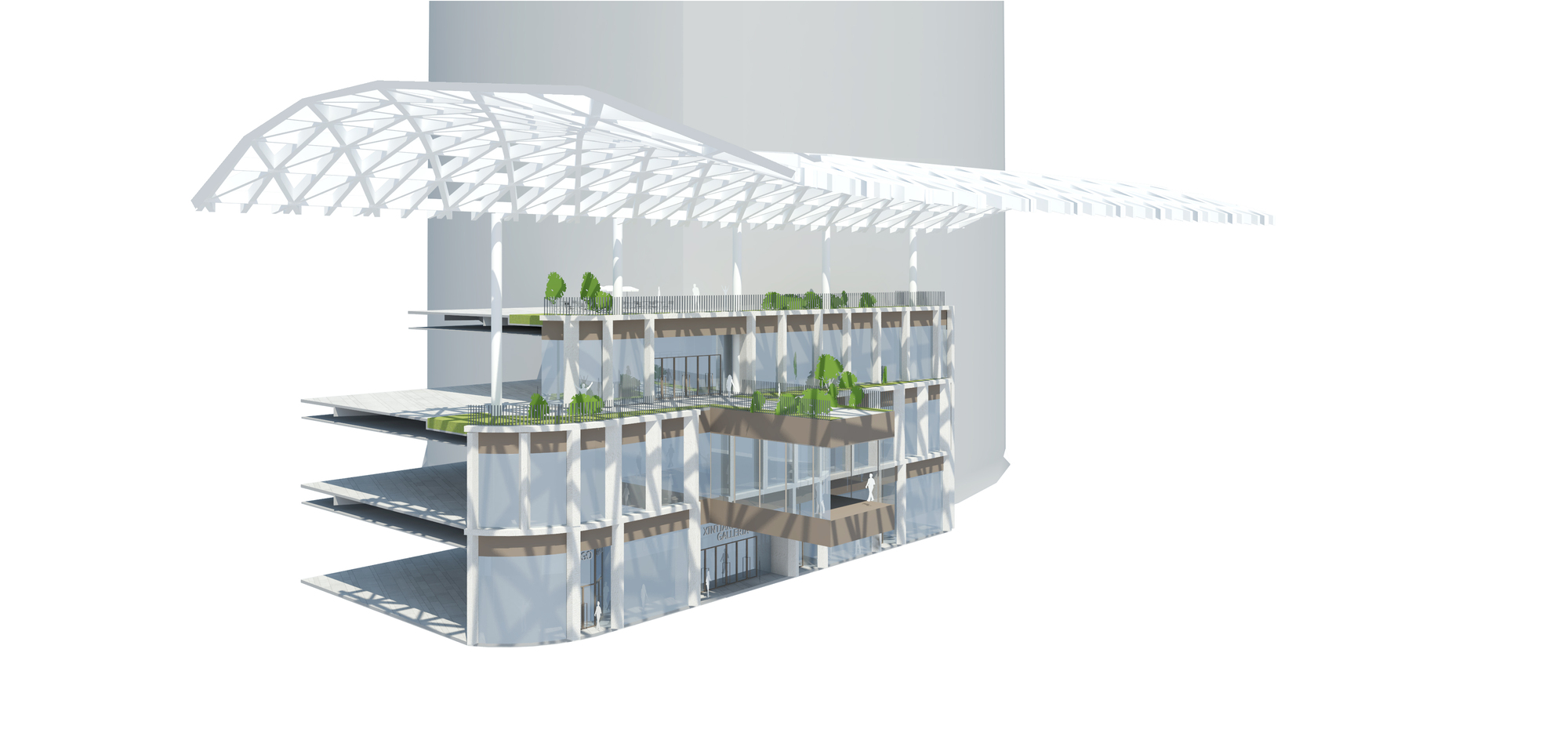 This architectural rendering presents a section view of a modern building, showcasing its terraced levels and glass facade. The design incorporates green roofs