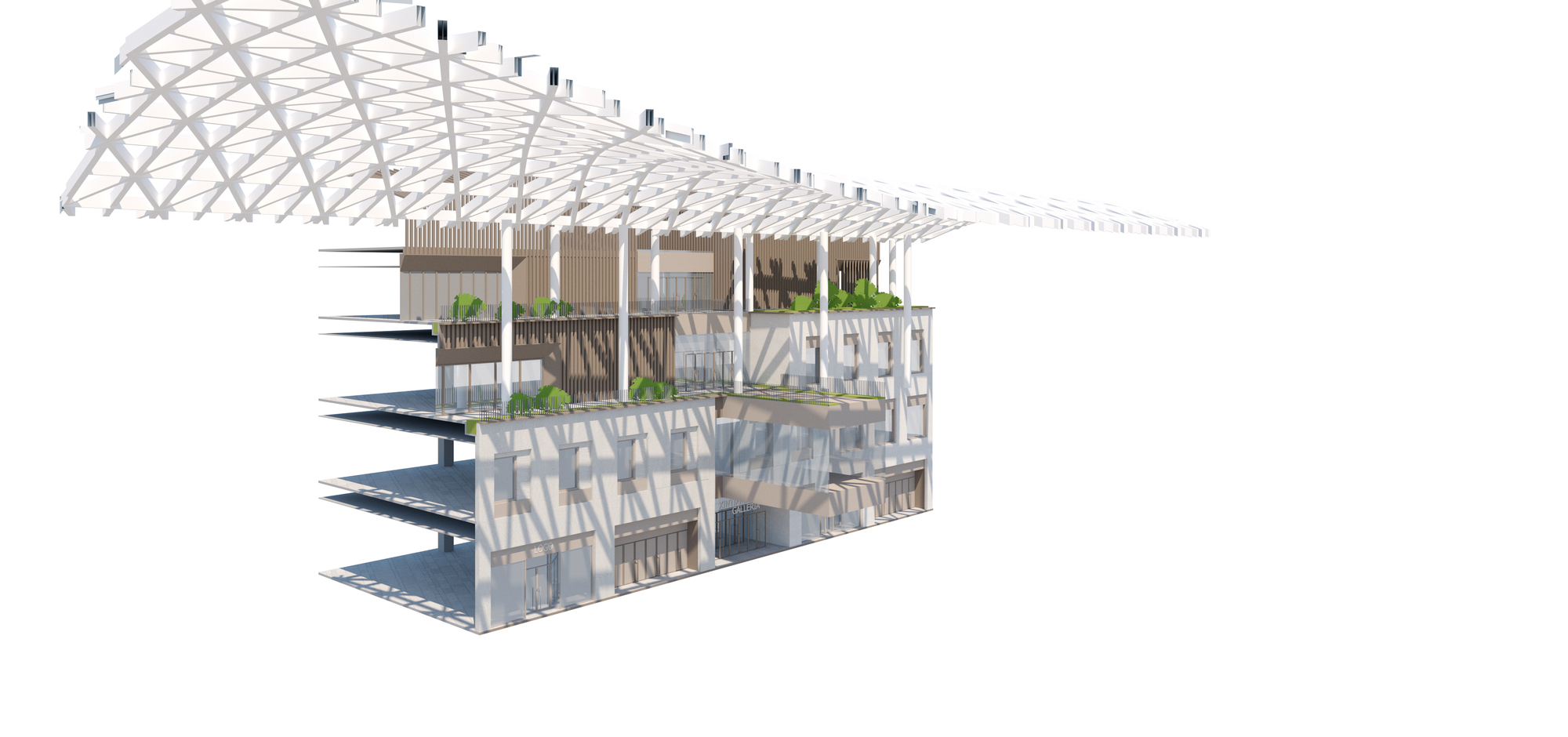 This architectural rendering presents a building section showcasing a modern, mixed-use structure with a focus on sustainable design. The building features a pr