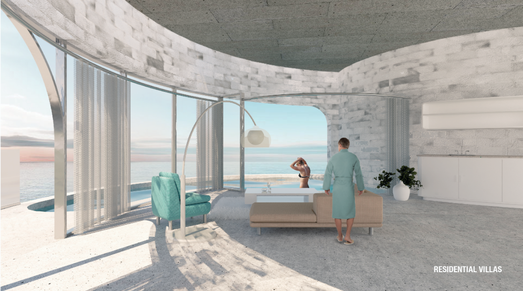 Residential villas overlook the Adriatic Sea, blending sustainable living with immersive offshore architecture.