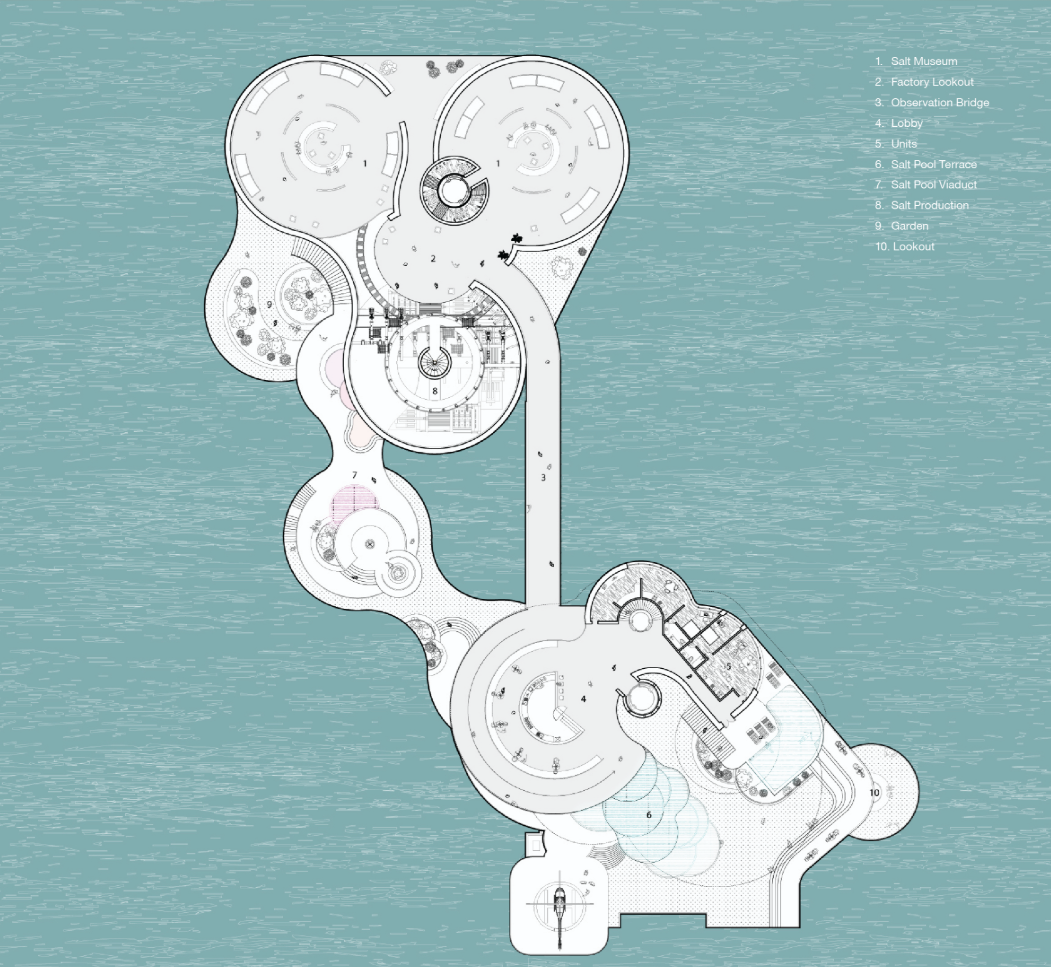 Organic circulation pathways connect cultural, recreational, and industrial programs across the floating architectural masterplan.