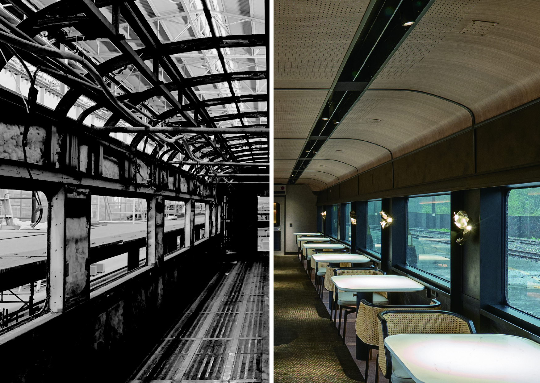 Before and after comparison of train carriage interior showing original steel frame and renovated dining space