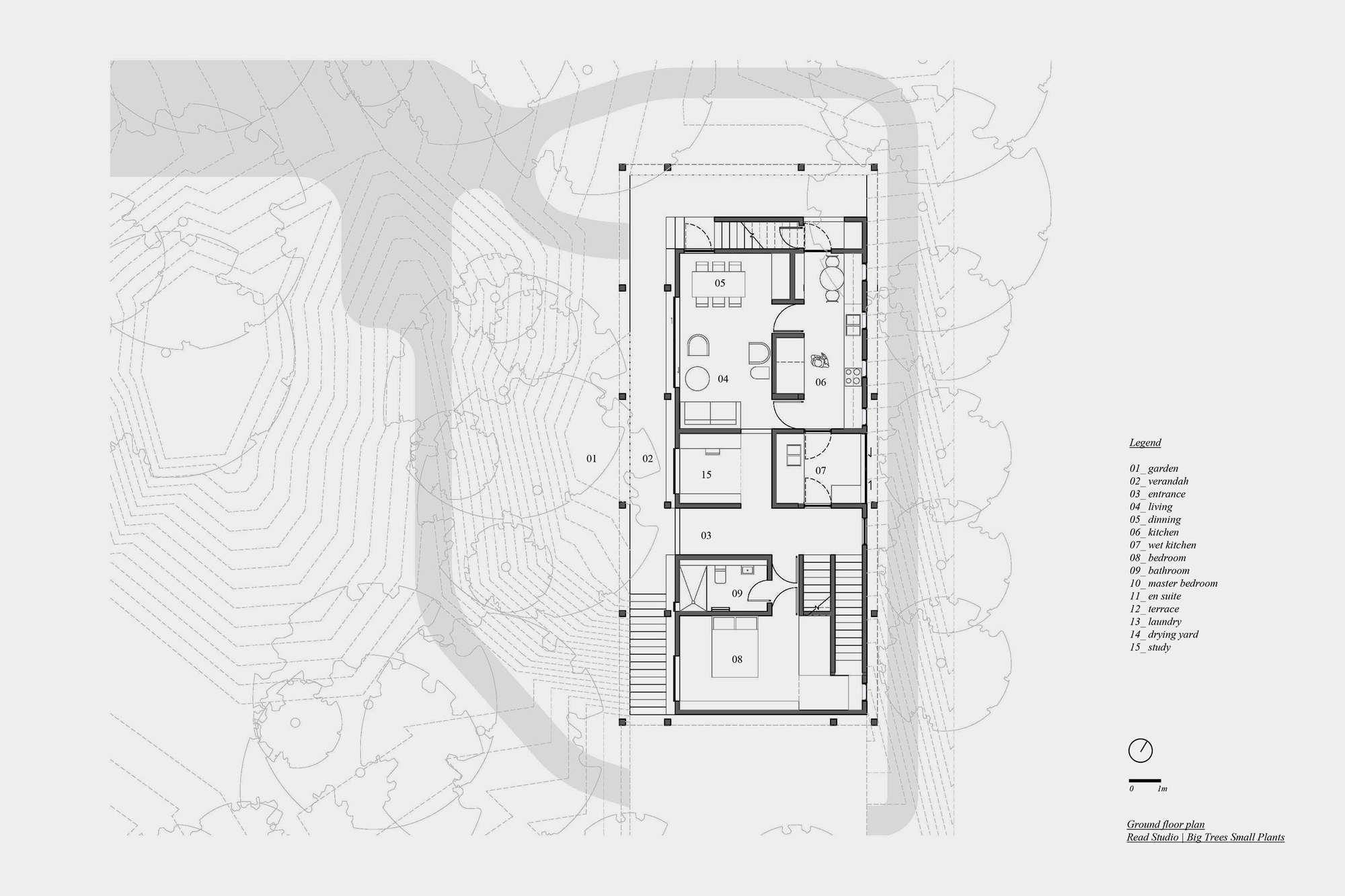 Ground floor plan drawing depicting living spaces with stairs and surrounding terrain with contour lines