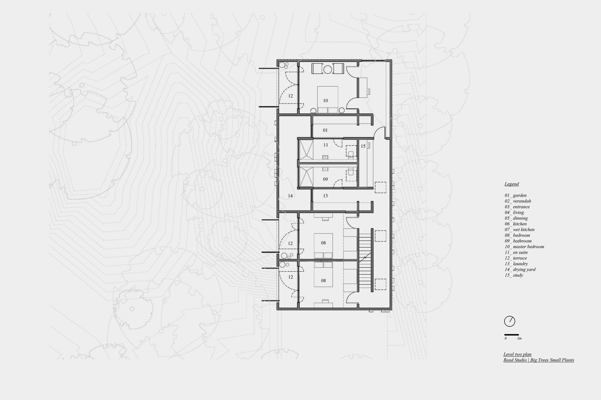 Level two floor plan drawing revealing bedroom suites and bathroom layouts with terraced landscape surroundings