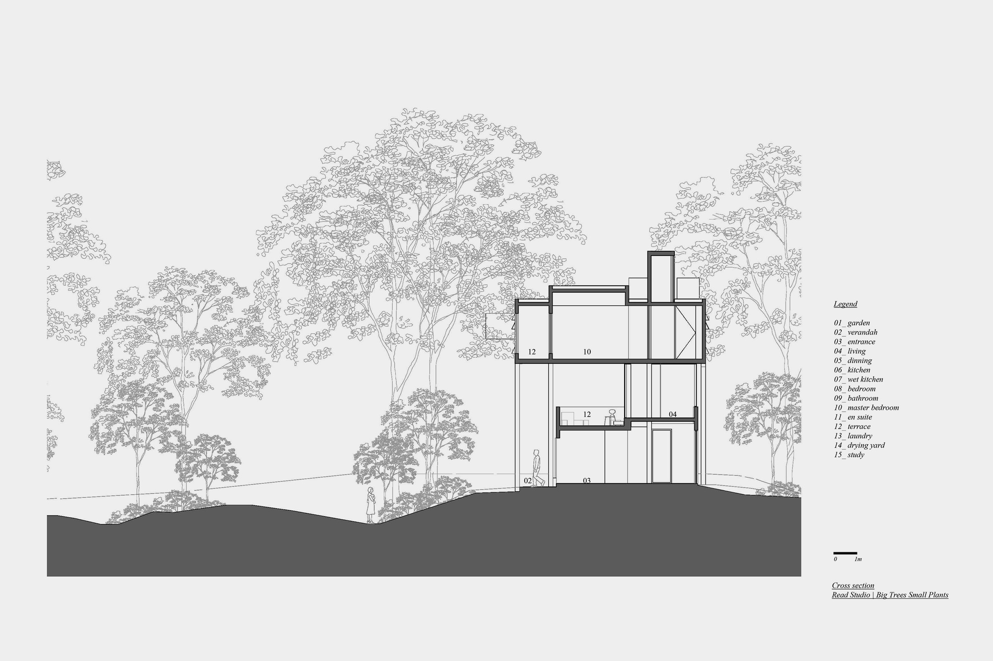 Cross section drawing of the three-level house nestled among tall trees on sloped terrain