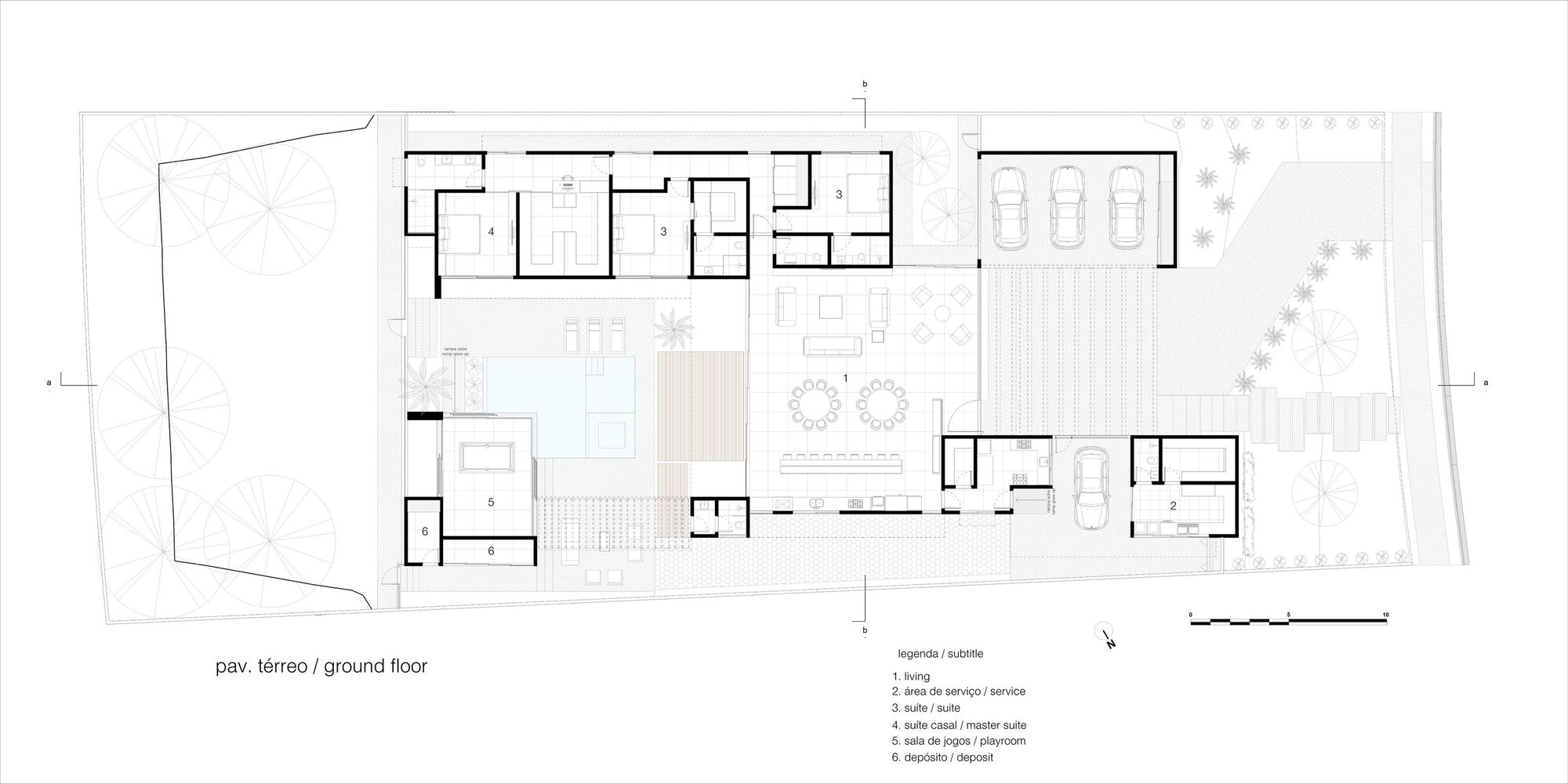 Ground floor plan showing interior spaces, pool area, and surrounding landscape