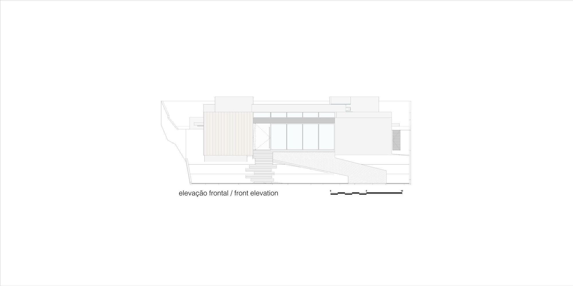 Front elevation drawing showing a horizontal volume with vertical slatted screen and glazed openings