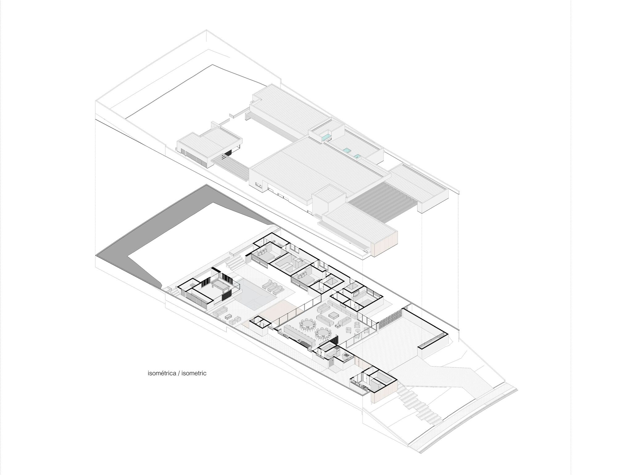 Exploded isometric drawing revealing the layered roof plane and interior room layout below
