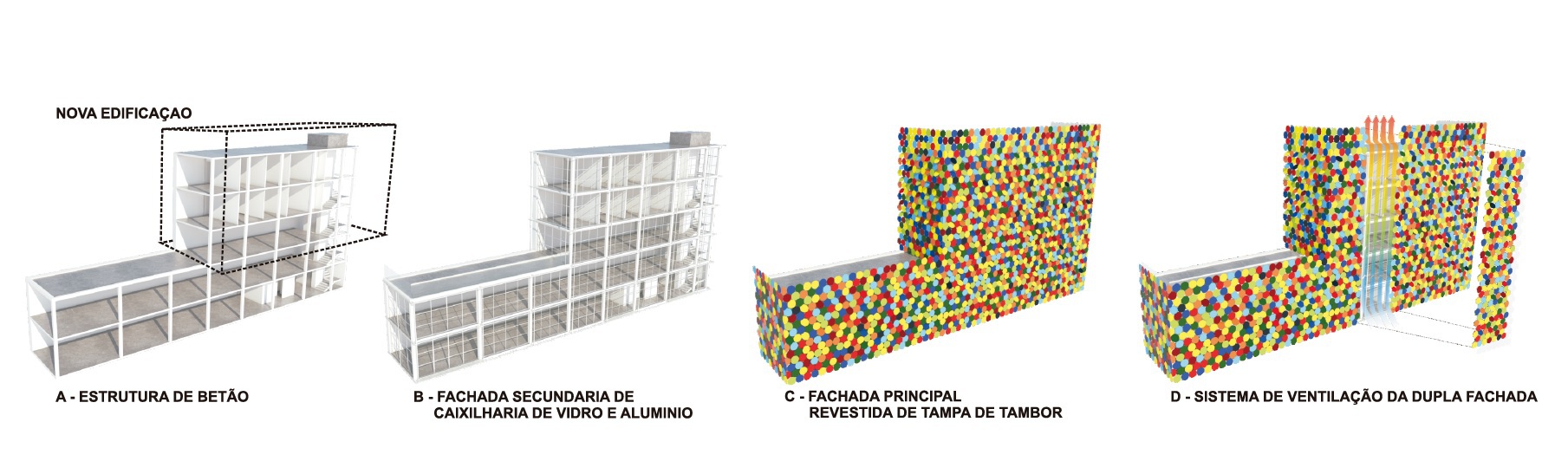 Axonometric drawing showing facade assembly sequence from steel frame to bottle-clad rainscreen