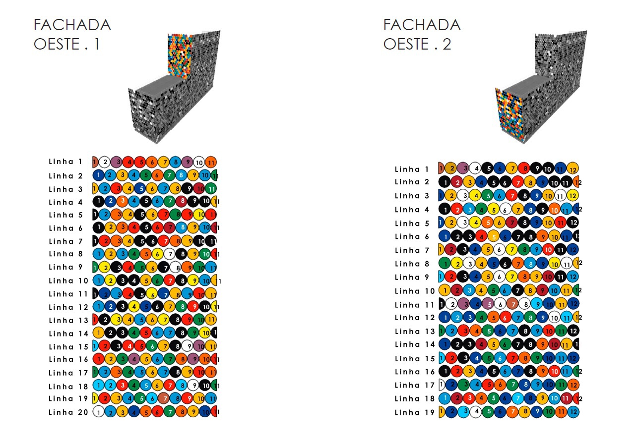 Elevation drawings of two west facades showing colored circles concentrated at the upper corner of each wall