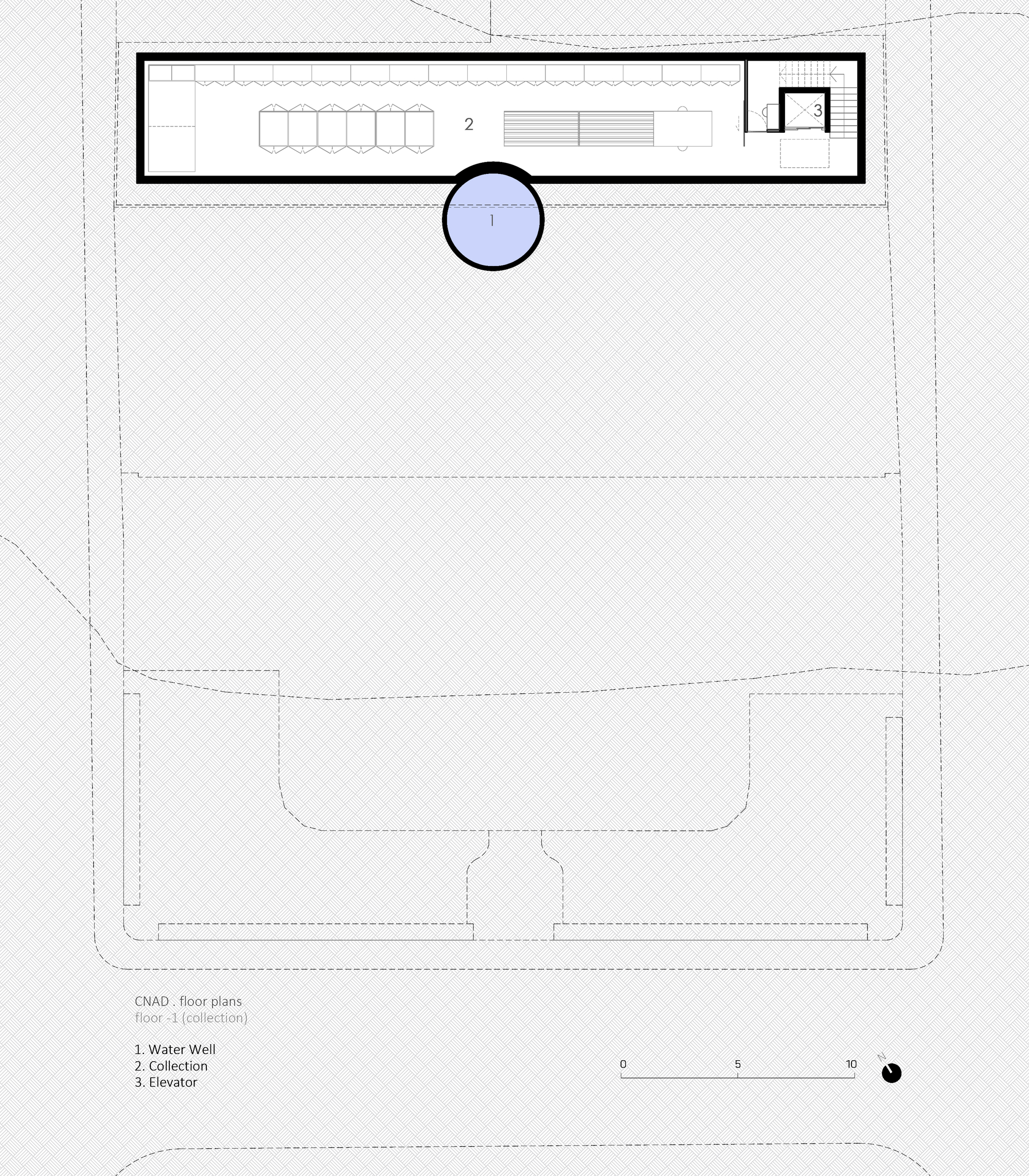 Floor plan drawing showing basement level with water well, collection area, and elevator core