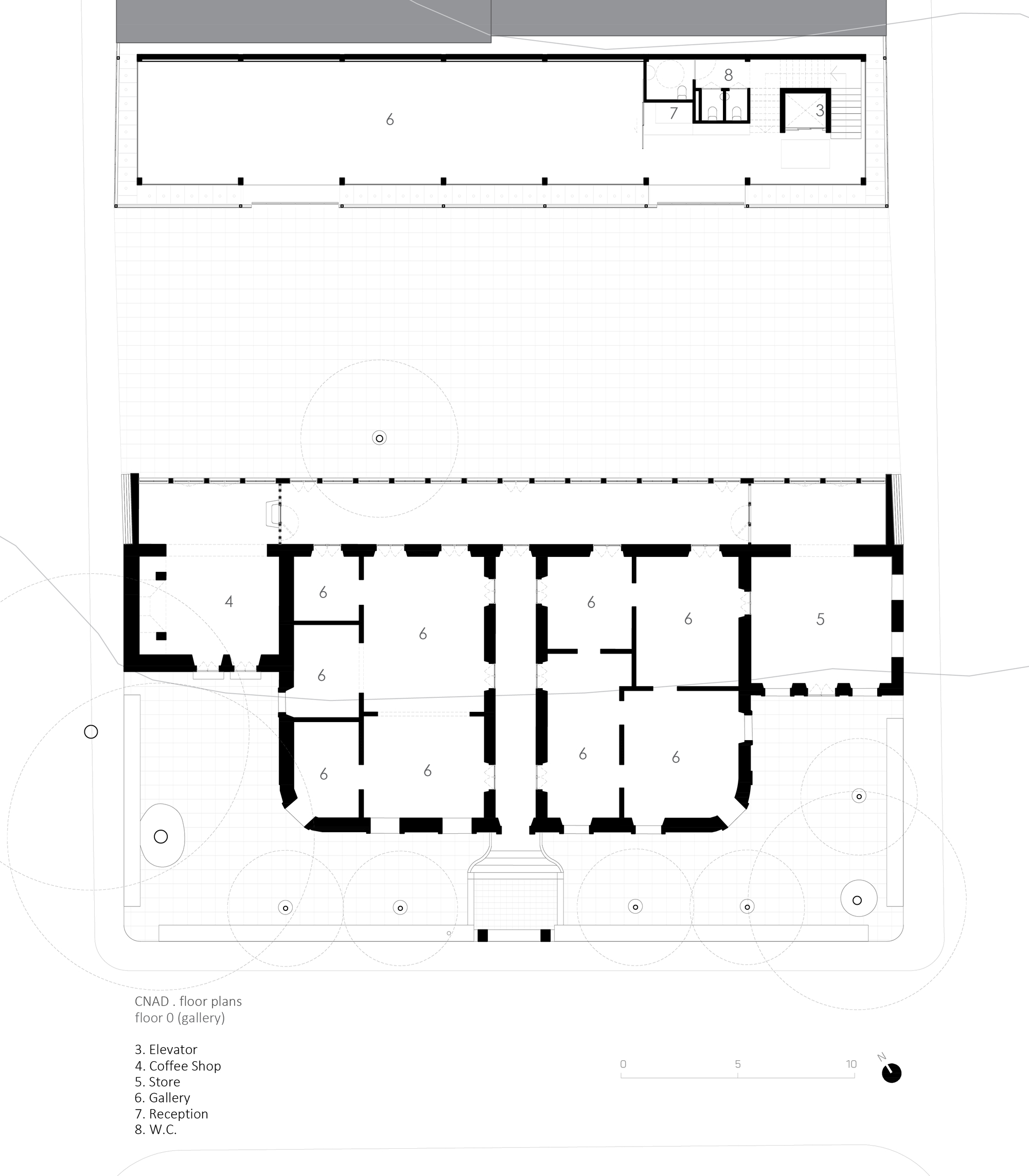 Ground floor plan drawing showing gallery spaces, coffee shop, store, and reception areas