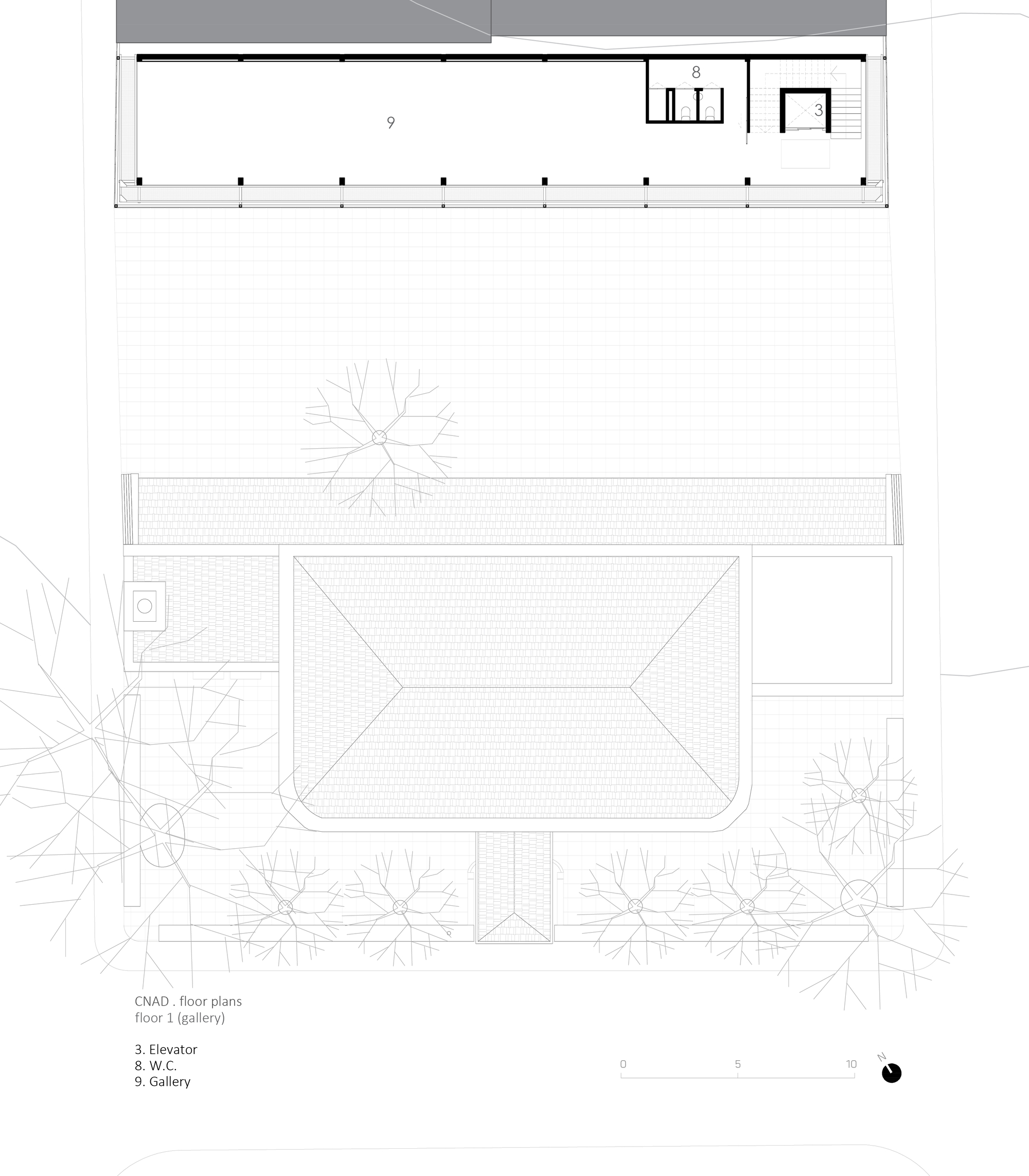 First floor plan drawing showing gallery level with surrounding trees in the site plan