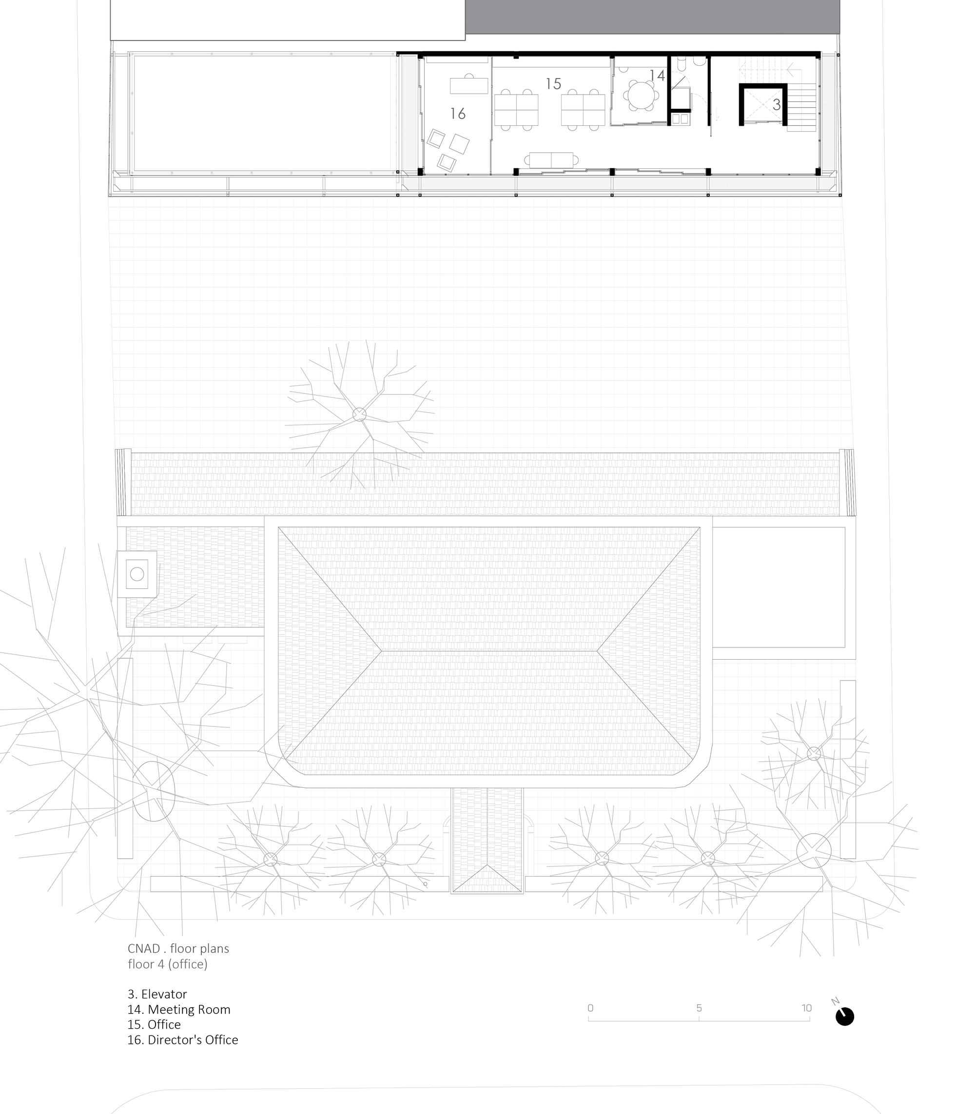 Fourth floor plan drawing showing office level with meeting room and director's office