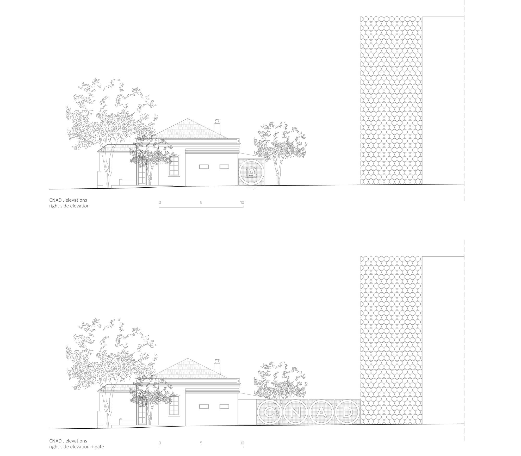 Right side elevation drawings showing a low residential building beside a tall honeycomb-patterned screen wall
