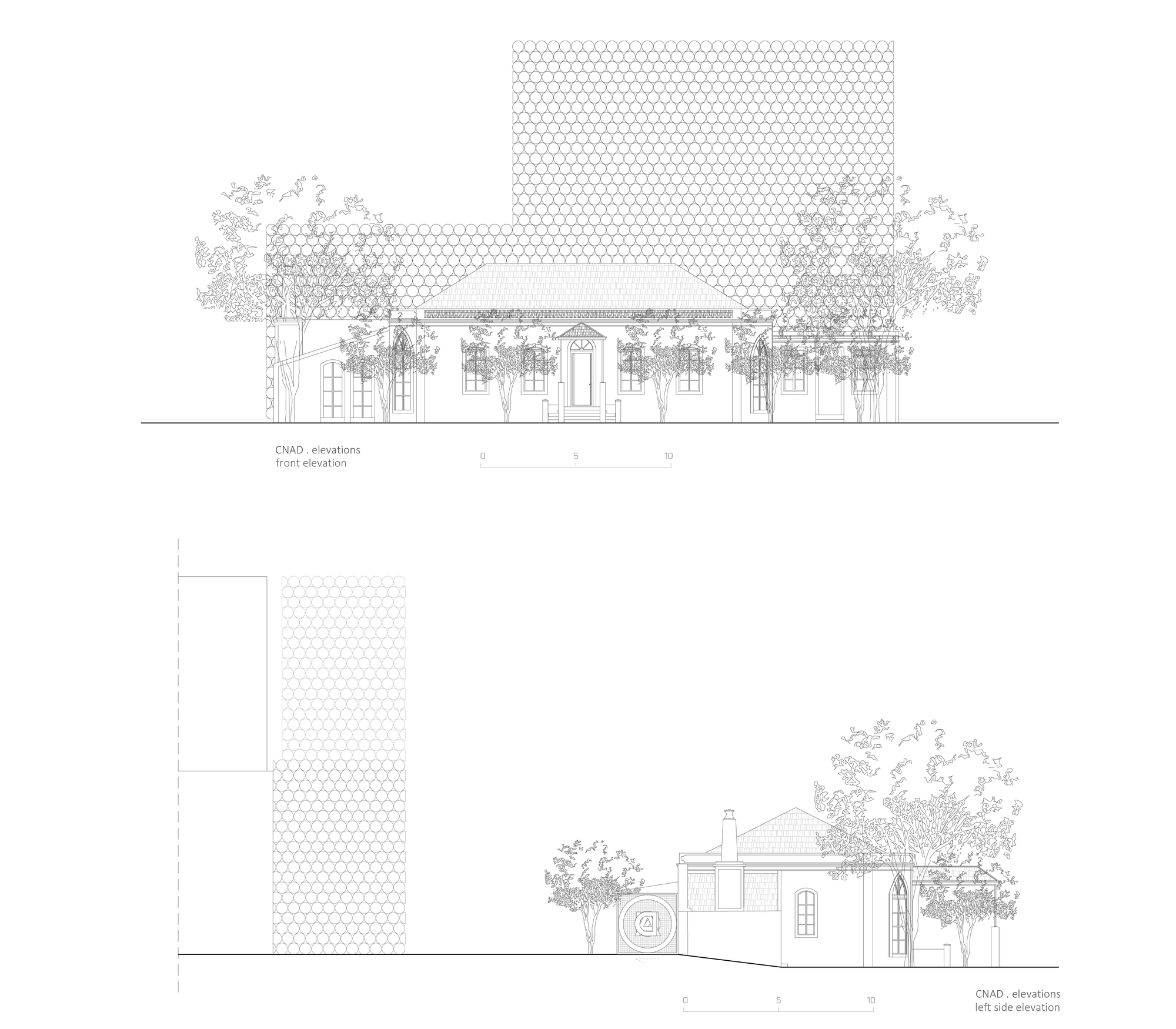 Front and left side elevation drawings showing a residential building with arched openings beneath a honeycomb screen