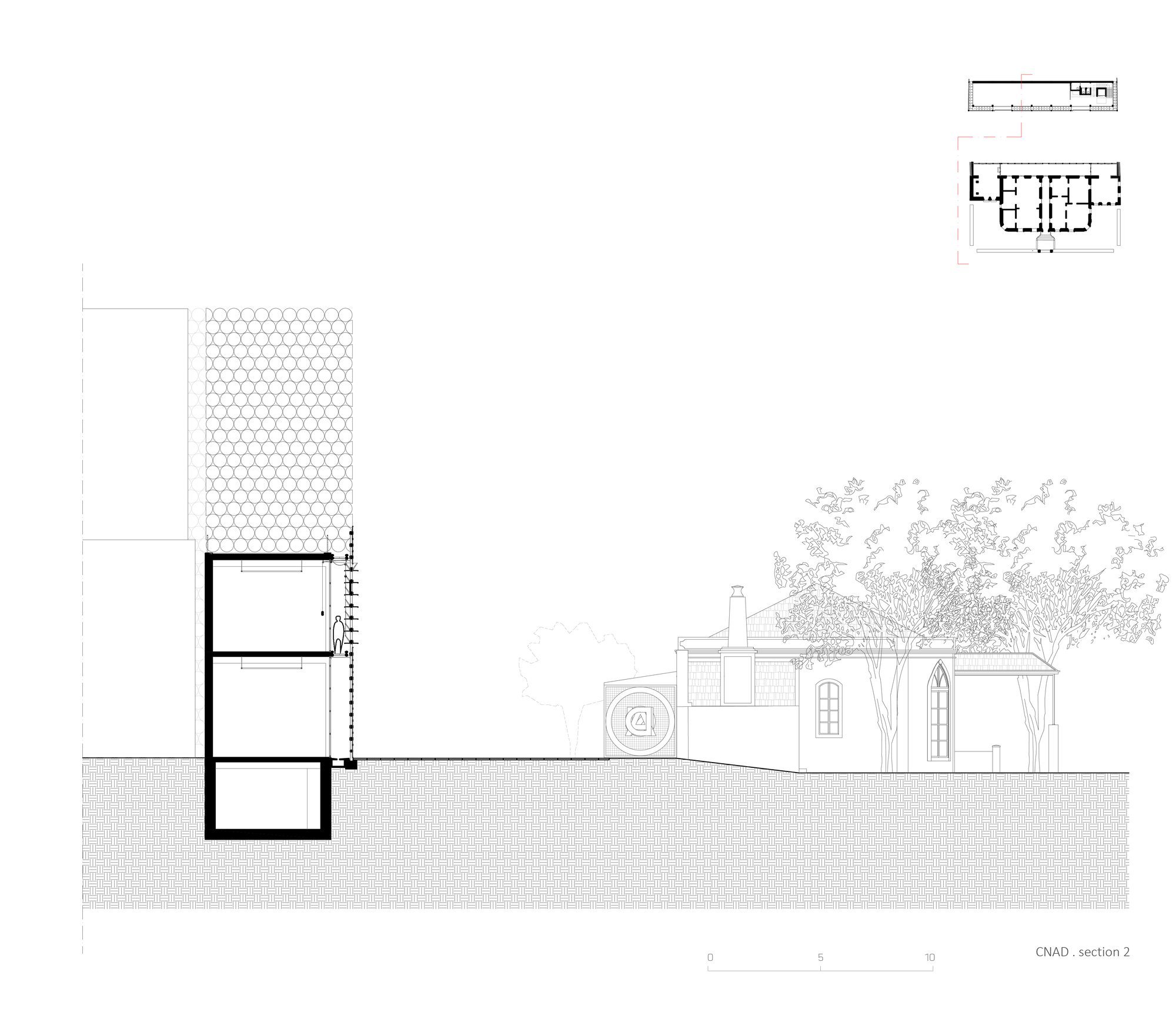 Section drawing showing the tall honeycomb screen wall and the subterranean levels with a tree canopy