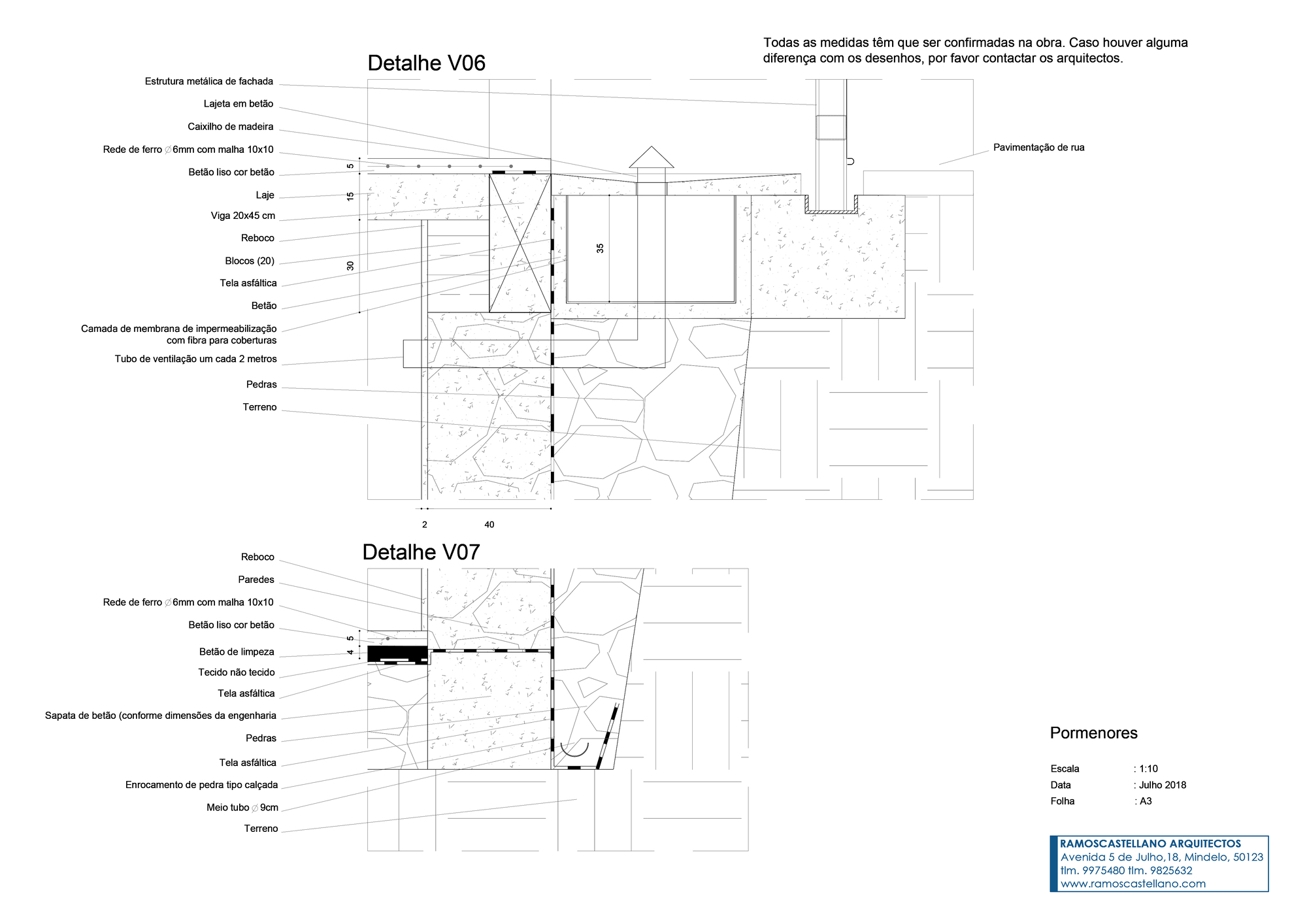 Section and plan detail drawings depicting foundation and wall assembly with waterproofing membrane