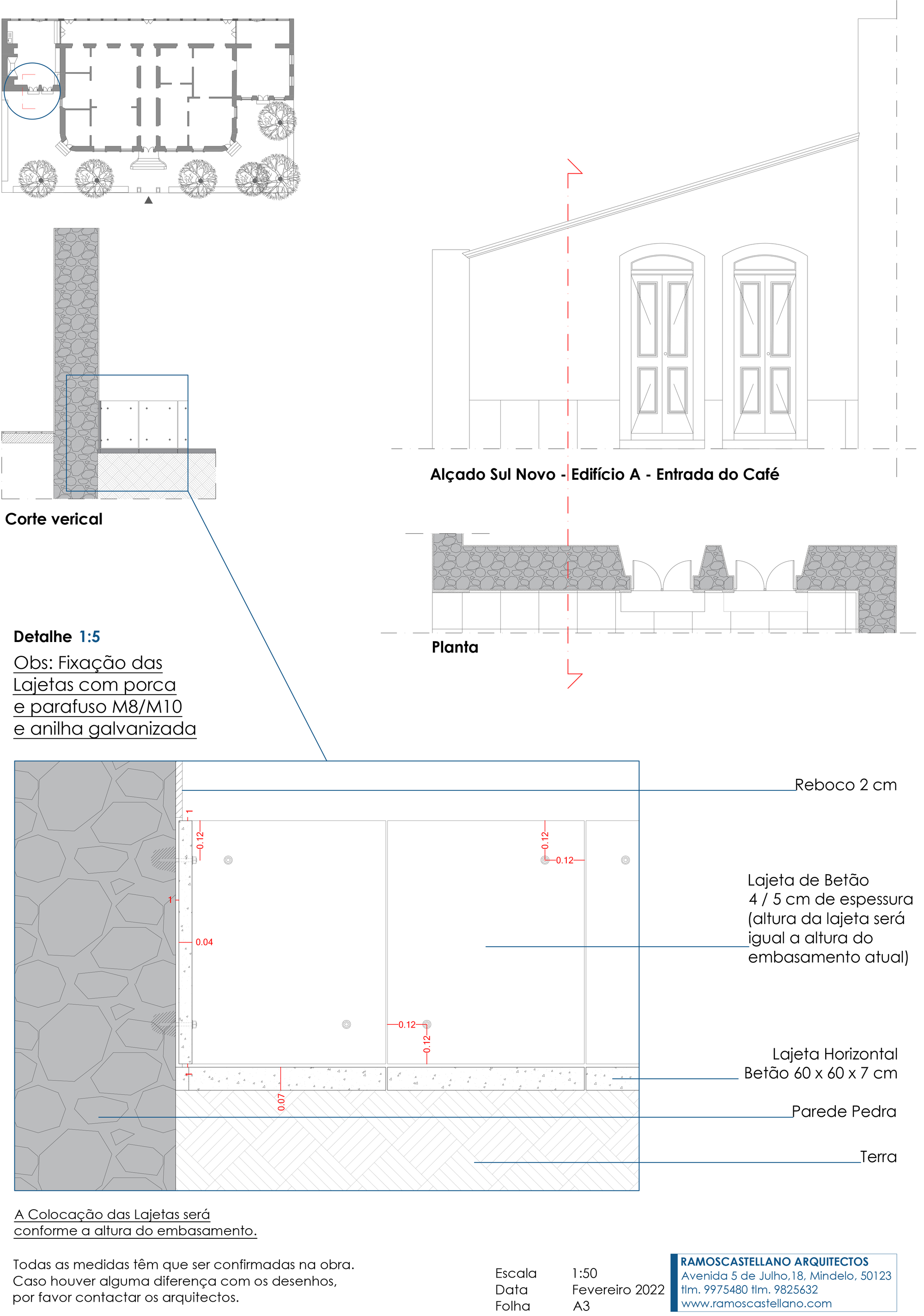 Elevation and section drawings showing stone paving detail with plan view of interior layout above