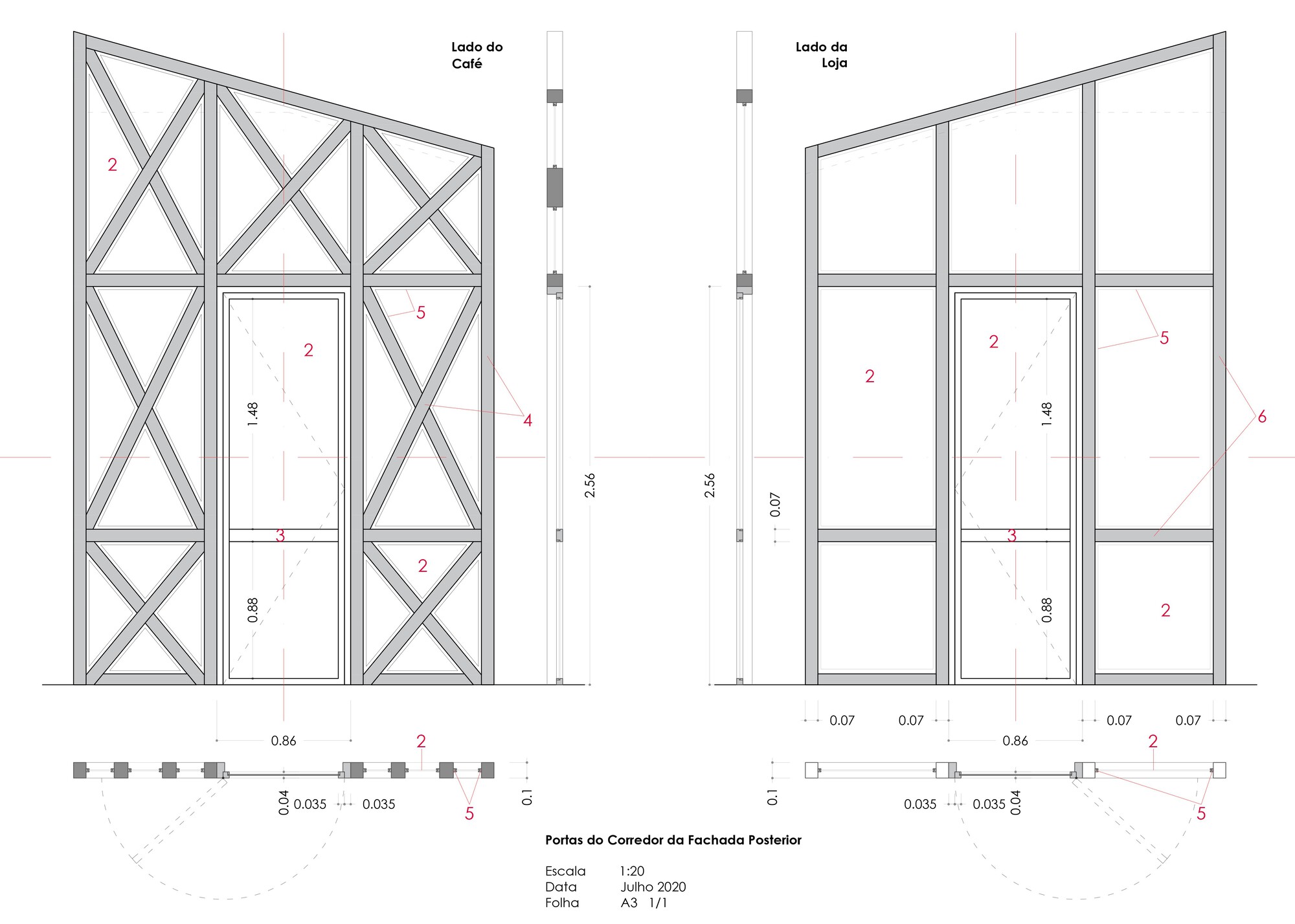 Elevation drawings comparing two facade options with diagonal bracing and simple glazing frames