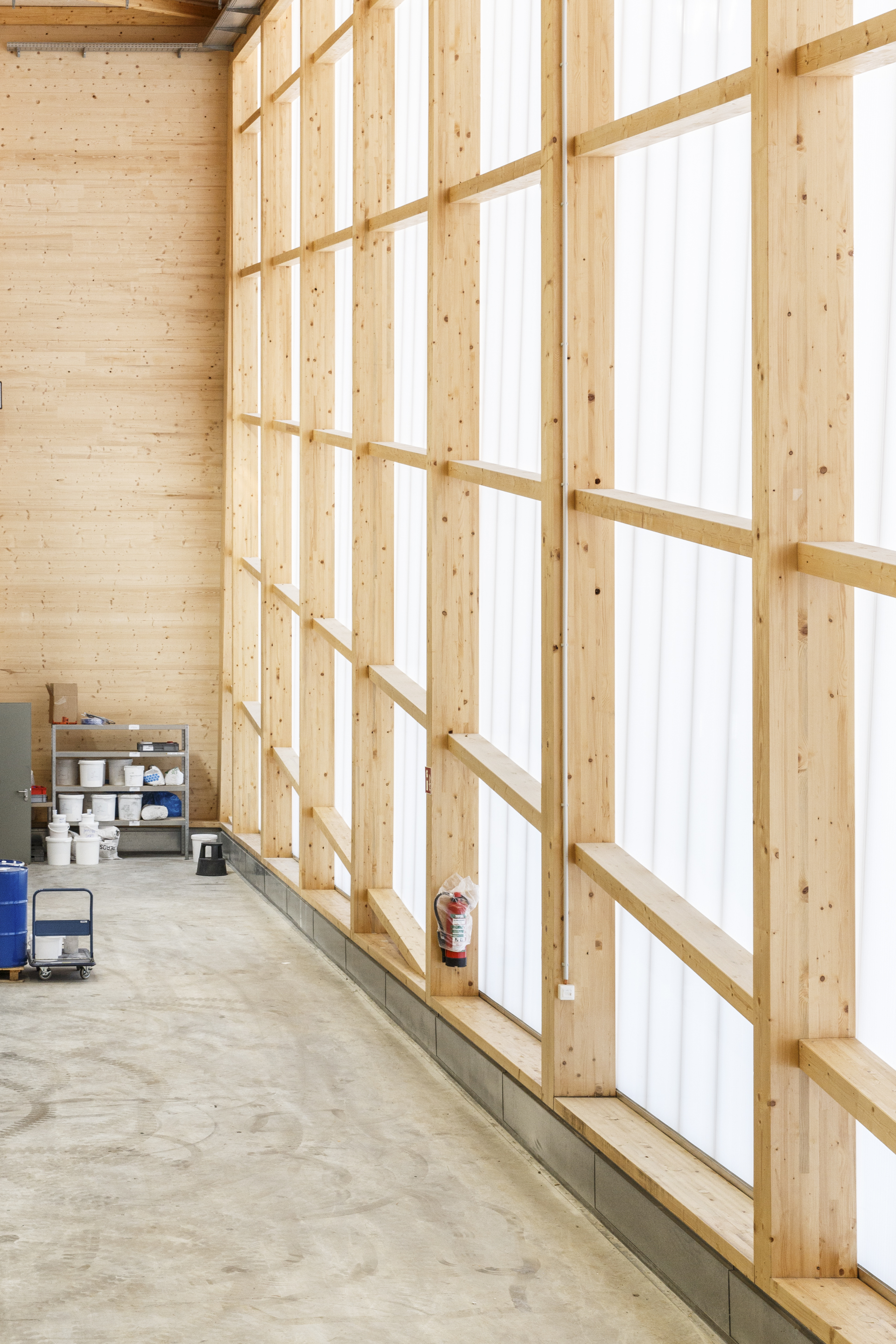 Tall translucent panel wall with timber framing and exposed cross-laminated timber interior surfaces
