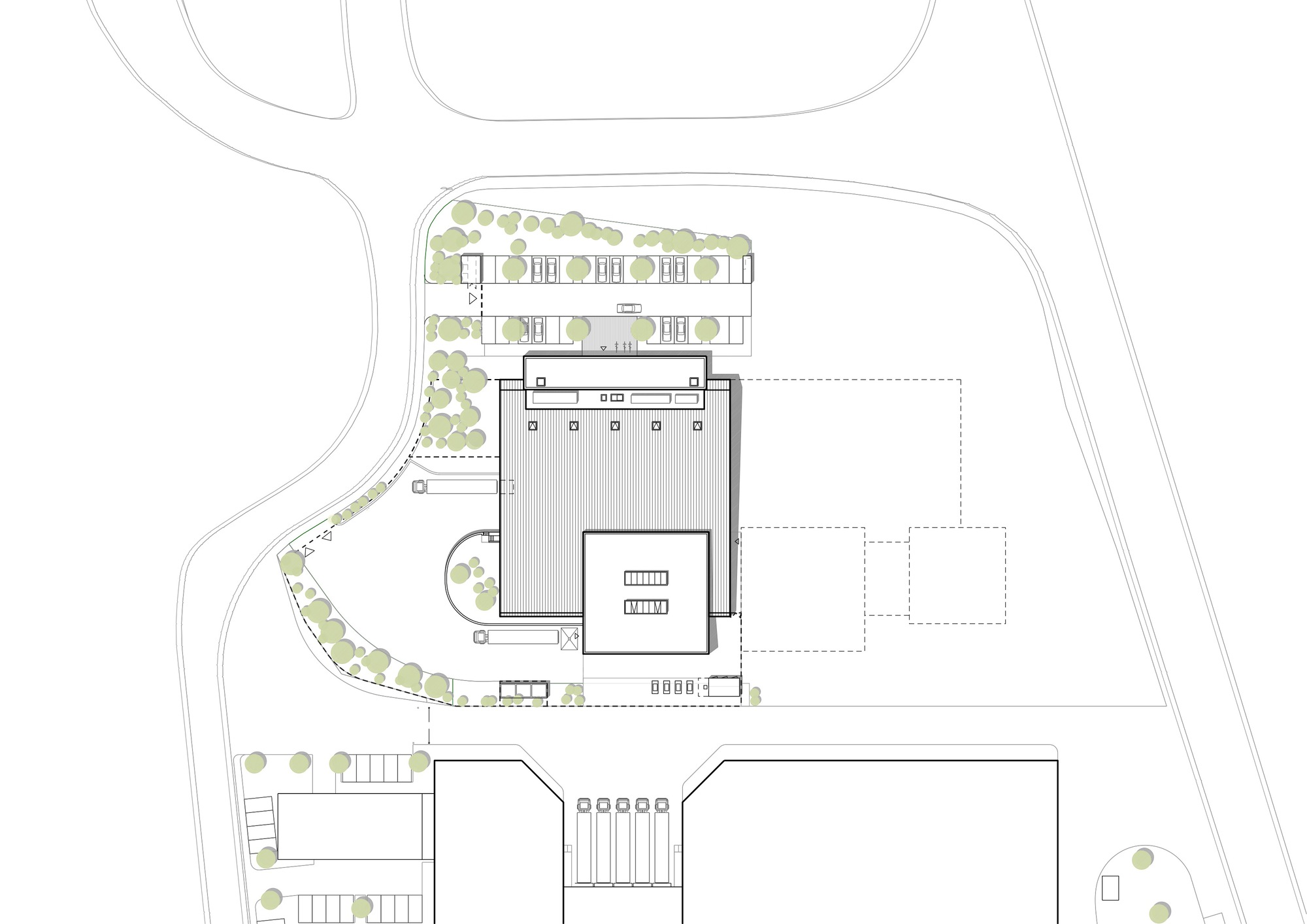 Site plan drawing showing building footprint with landscaping and adjacent structures