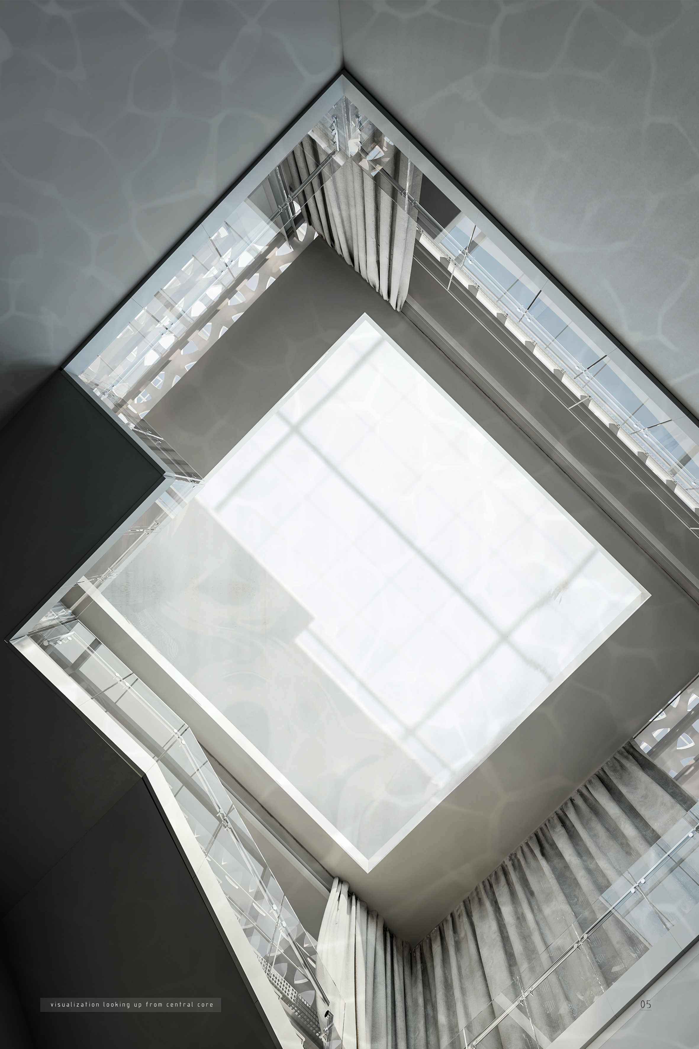 Central atrium visualization filtering ocean-inspired light through translucent surfaces and suspended architectural layers.
