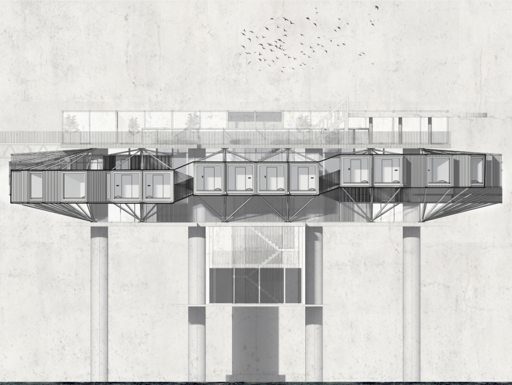 Residential rig elevation showcasing modular offshore living capsules suspended above the Adriatic Sea.