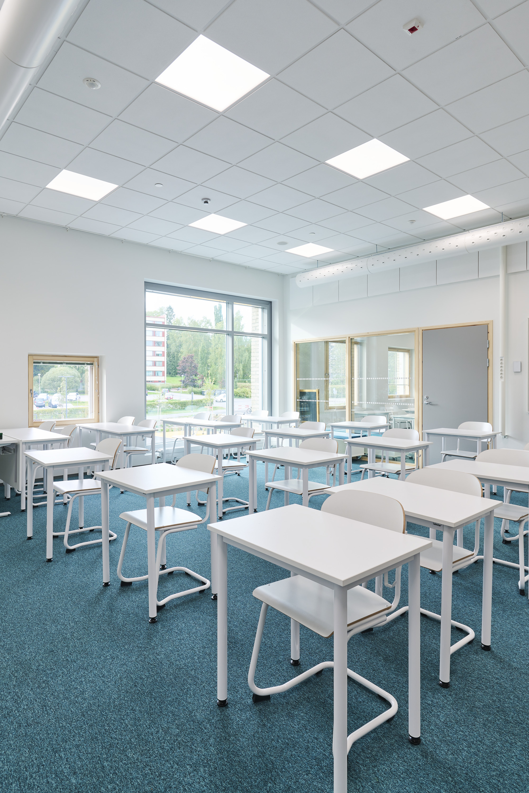 Classroom with white tables on blue carpet showing timber-framed glazed partitions and windows to exterior landscape