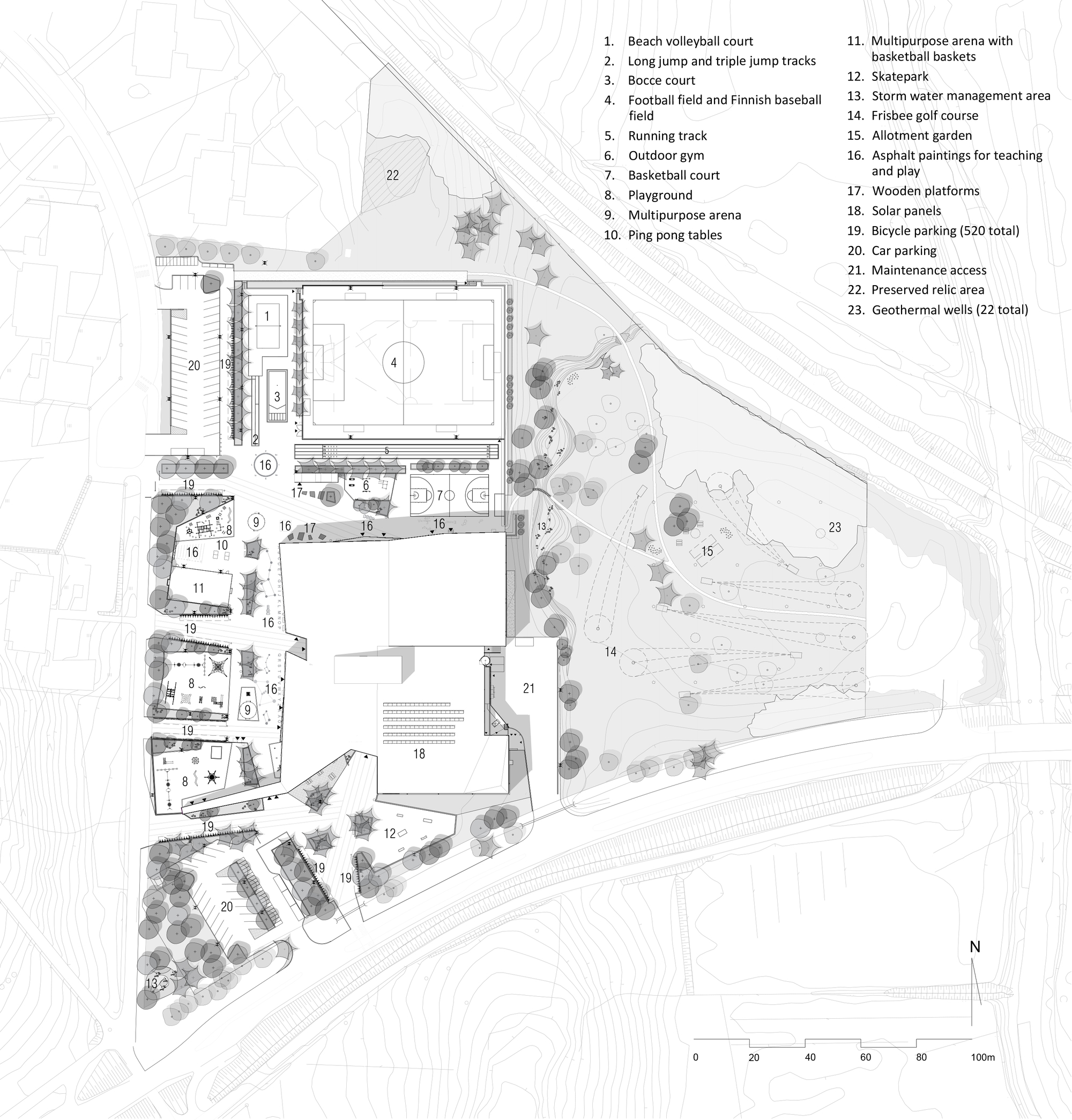 Site plan drawing showing sports courts, multipurpose arenas, and extensive tree planting across a sloped landscape