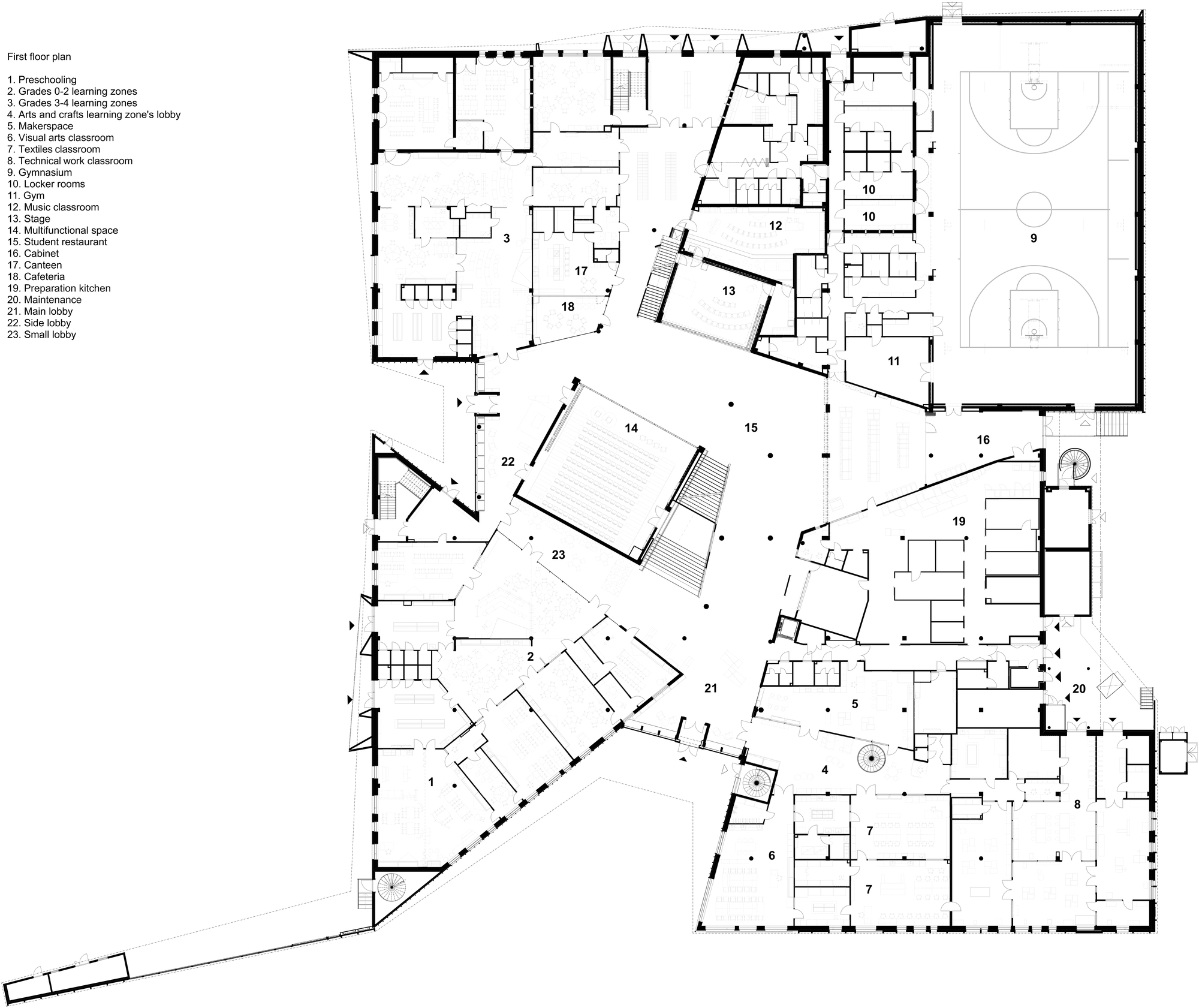 First floor plan drawing showing classrooms, multipurpose spaces, and a gymnasium arranged around angular circulation paths