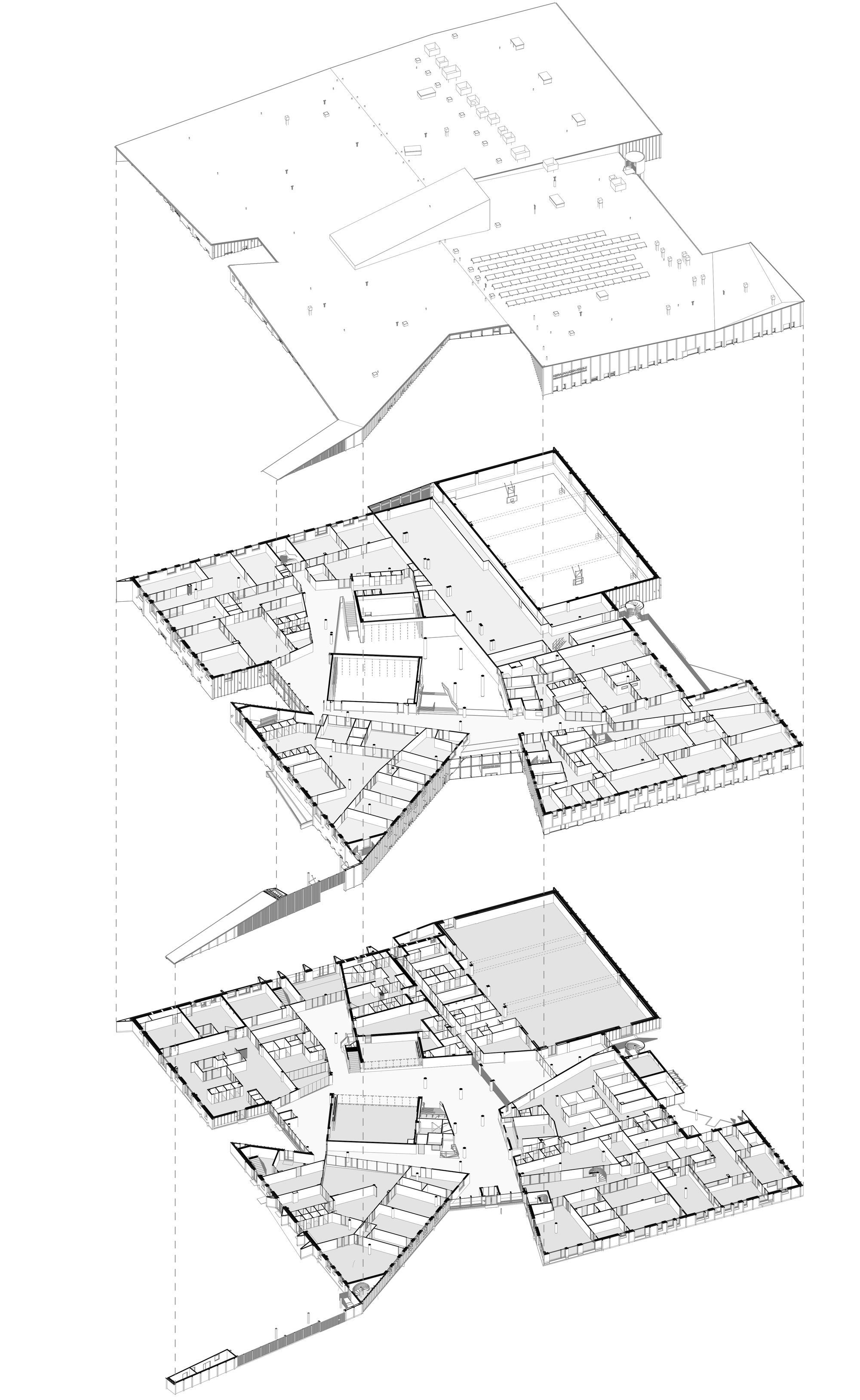 Exploded axonometric drawing showing three floor levels separated vertically to reveal interior spatial relationships