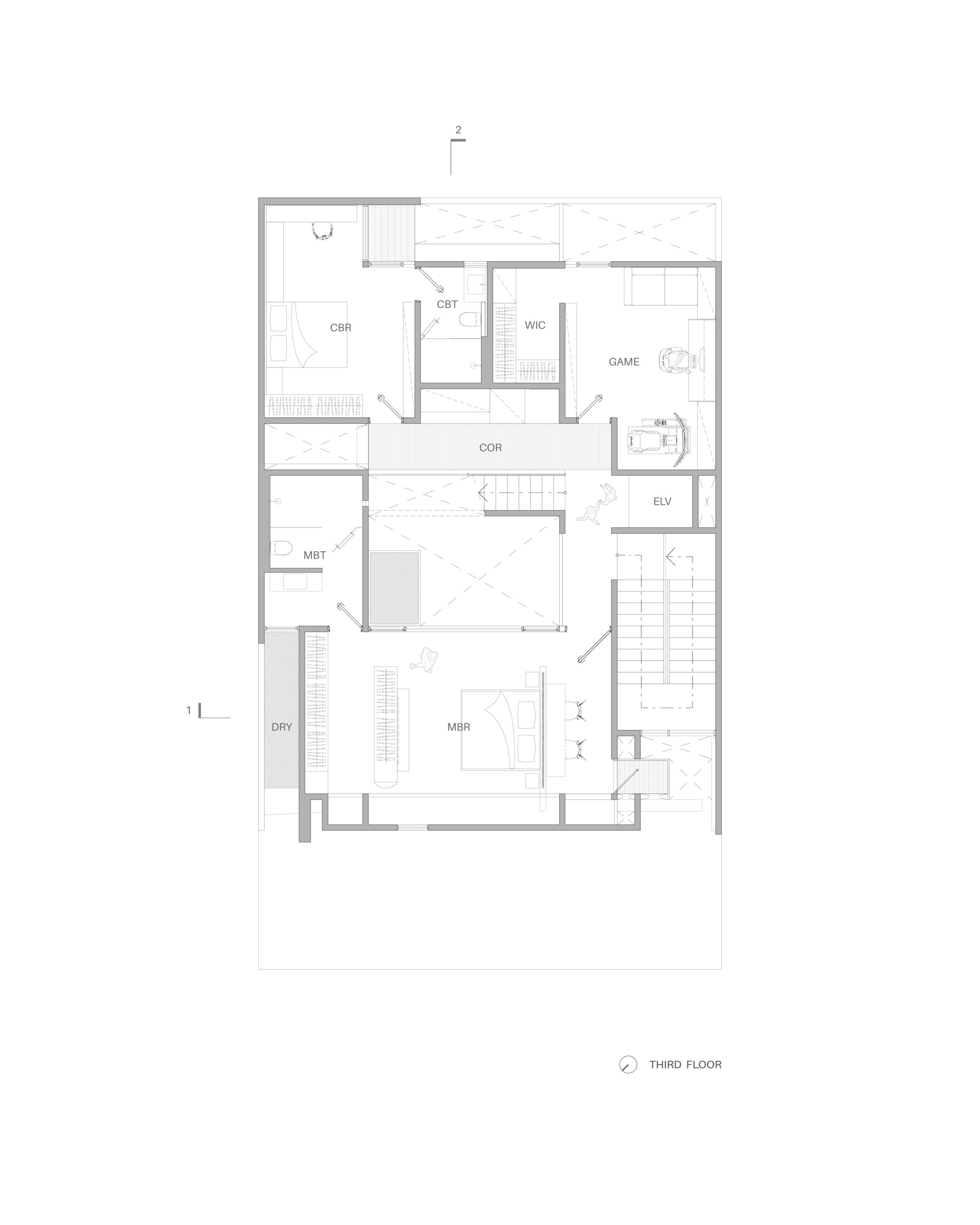 Third floor plan drawing showing master bedroom suite, corridor, and game room with adjacent terrace