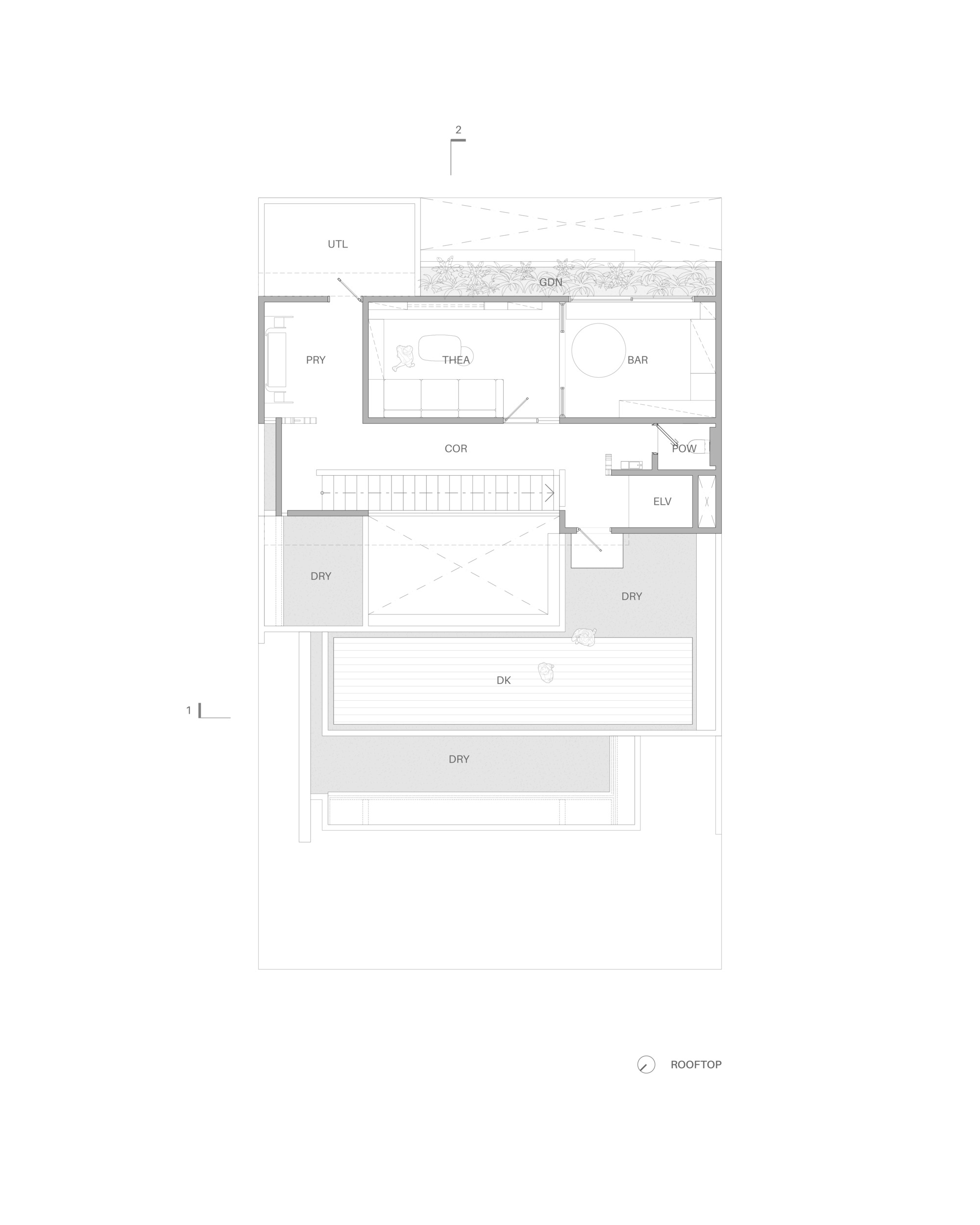 Rooftop plan drawing showing theater, bar, utility spaces, and multiple terraces with decking