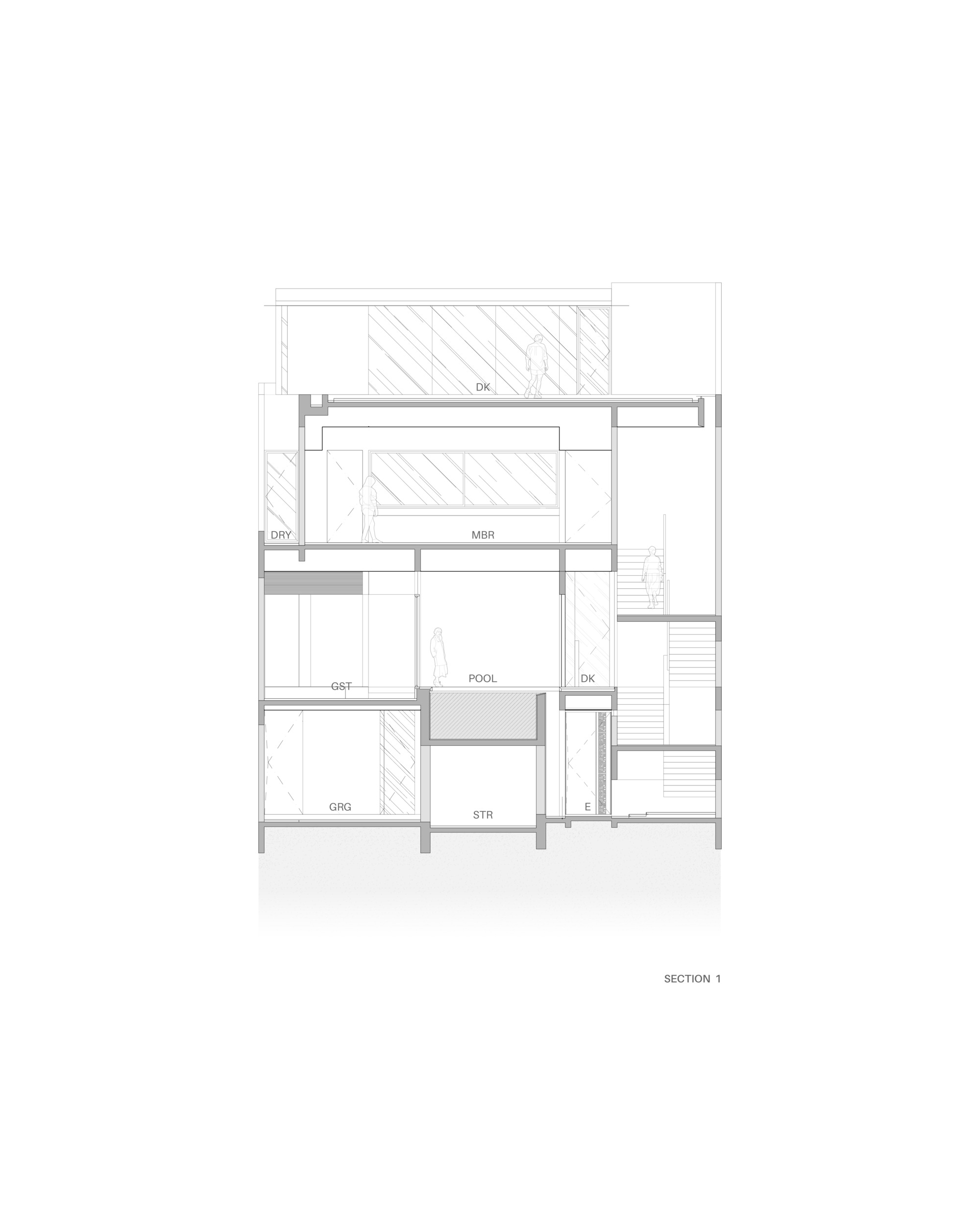 Section drawing through the residence showing vertical circulation from pool level to rooftop deck