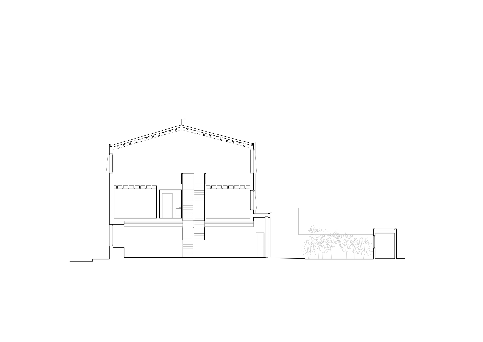 Section drawing revealing a pitched roof structure with exposed joists and split-level interior spaces