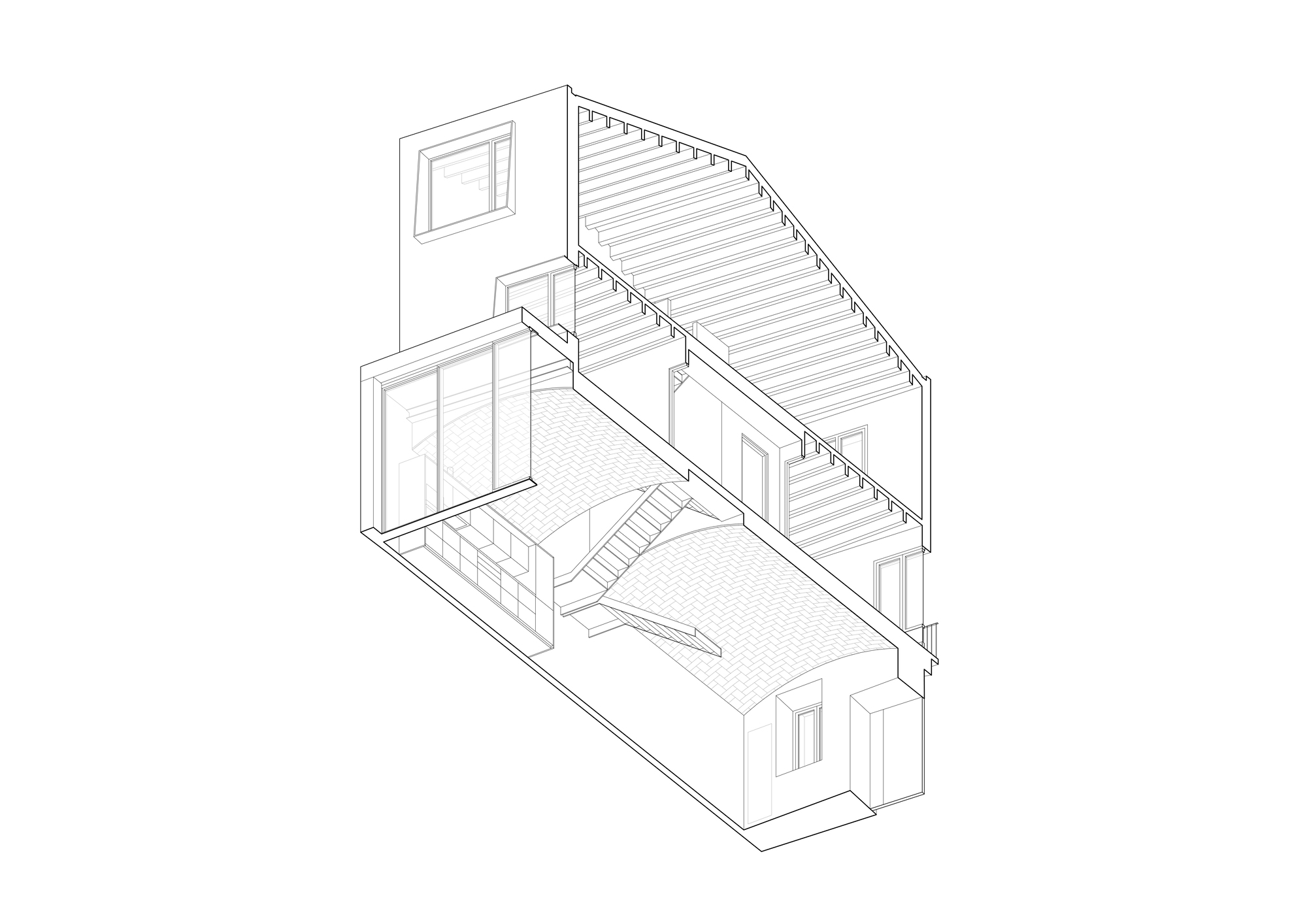 Axonometric drawing showing the interior volumes with a central staircase connecting upper and lower levels