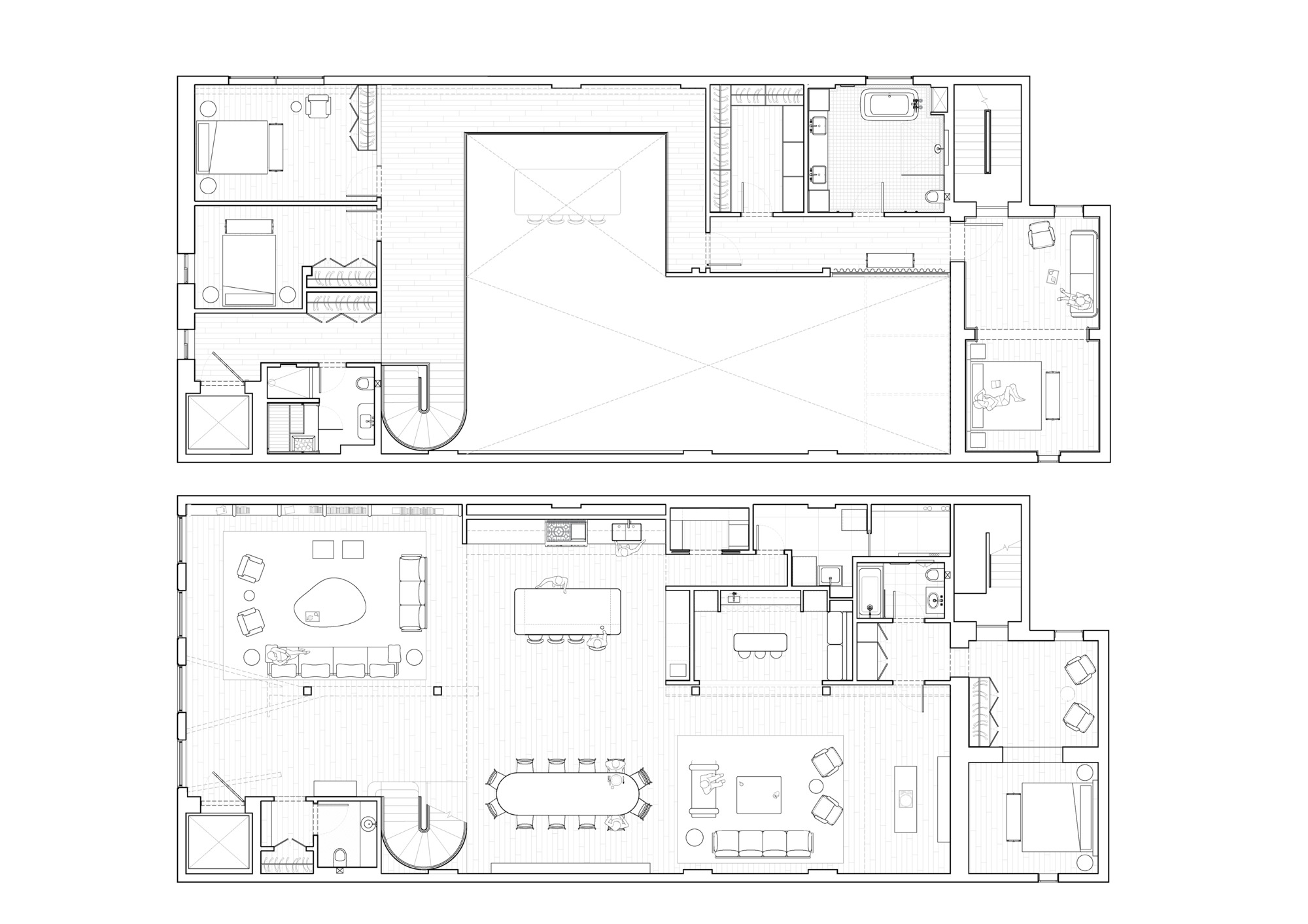 Floor plan drawing showing two residential levels with a curved staircase connecting them