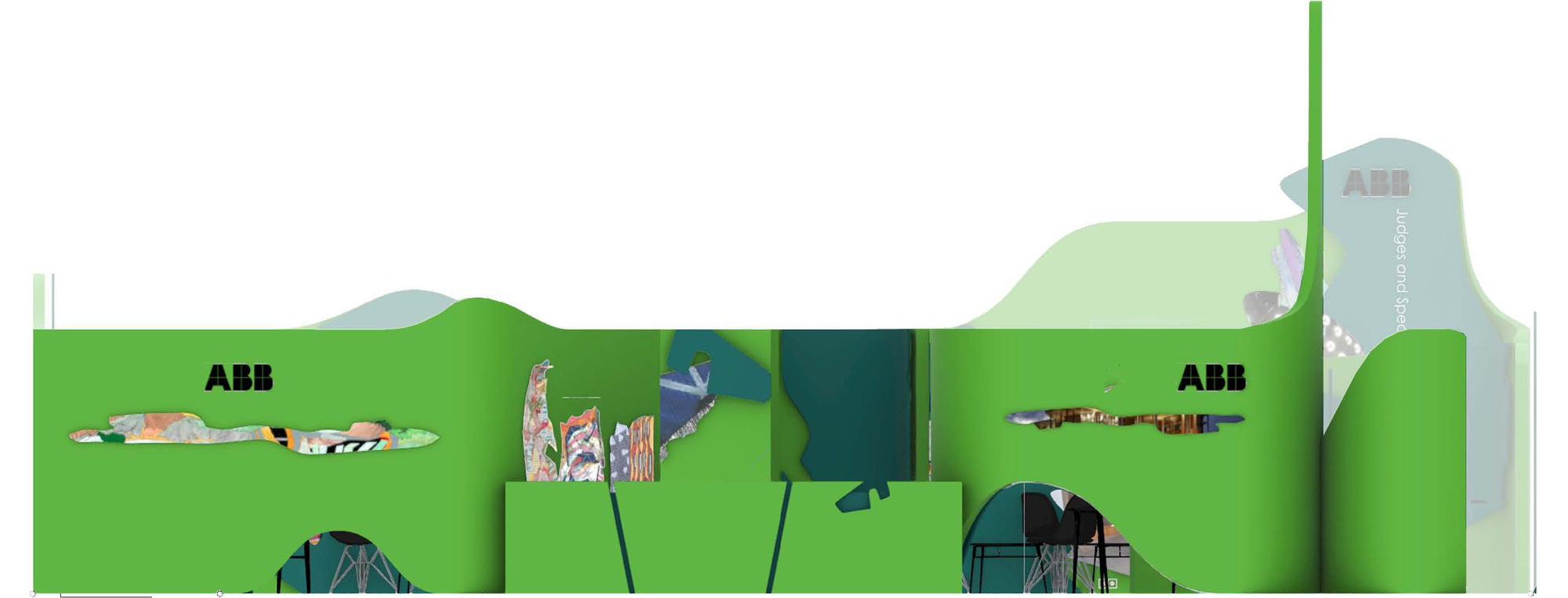 Section drawing showing the curved green partition walls with embedded display panels and signage