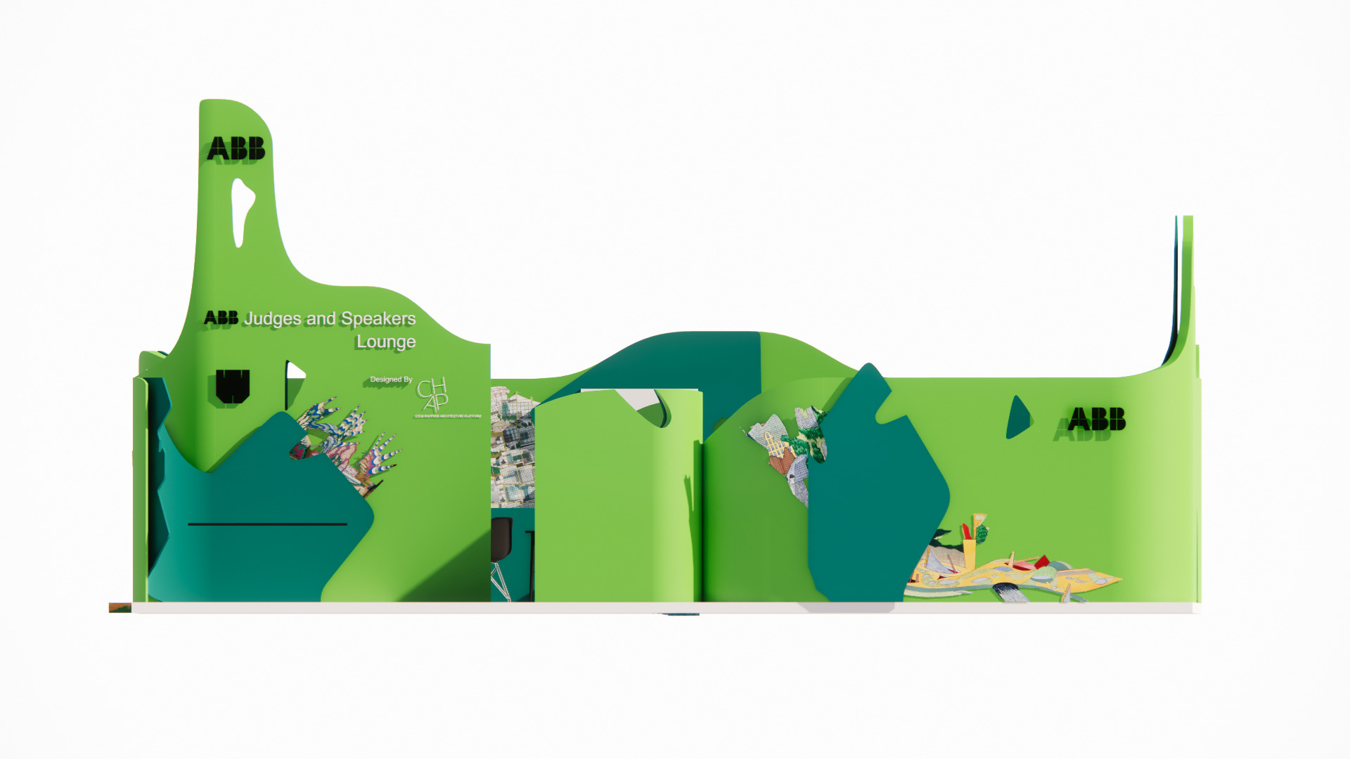 Longitudinal section revealing the flowing green wall forms with cutout openings and lounge seating areas