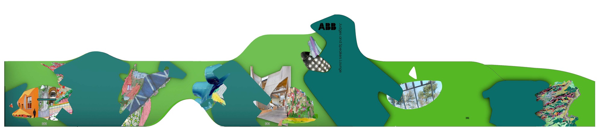 Elevation drawing of the wavelike green wall system with teal accents and integrated graphic panels