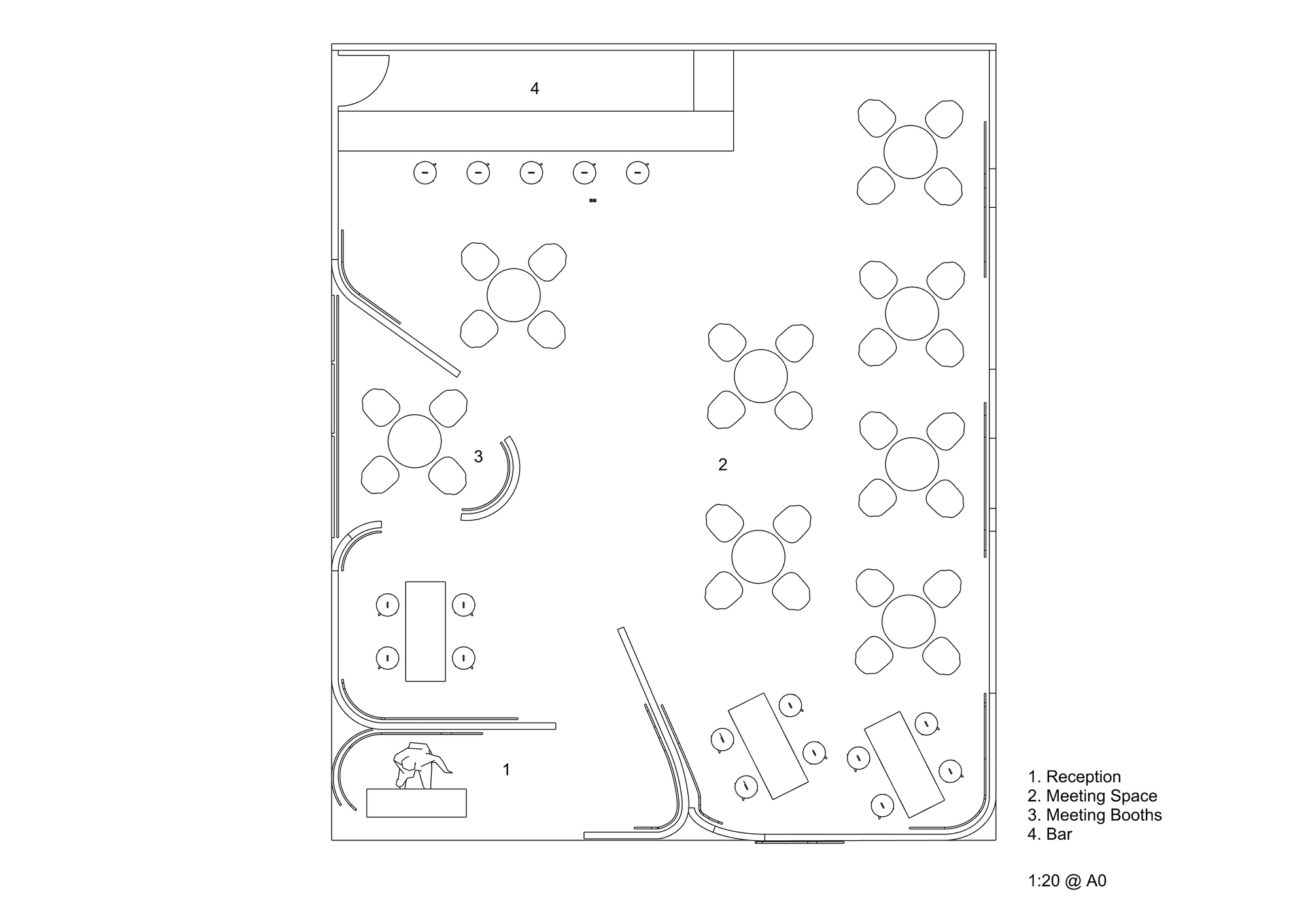 Floor plan drawing indicating reception desk, meeting tables, booth spaces, and bar area