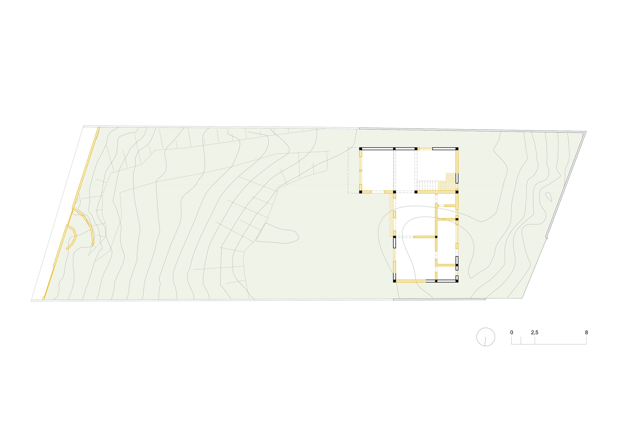 Floor plan drawing with contour lines depicting structure positioned on steep hillside