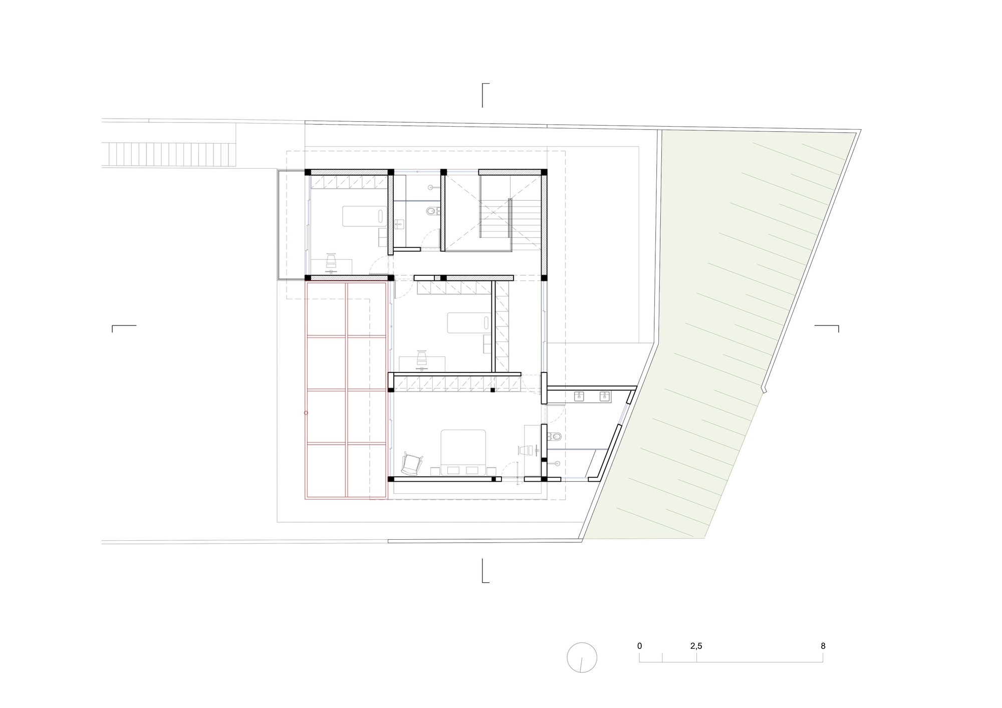 Upper floor plan drawing showing bedrooms and double-height void over main living space