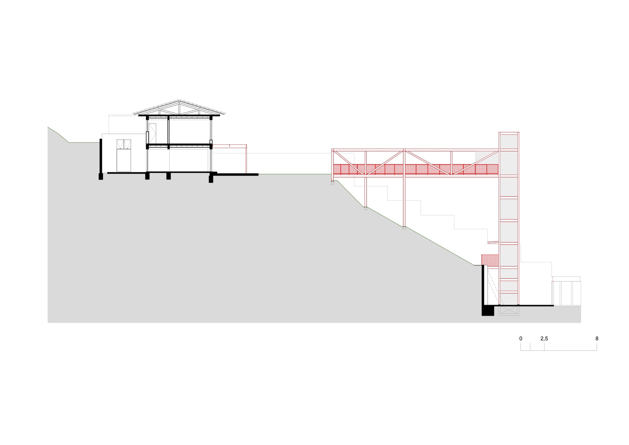 Section drawing through hillside residence showing red steel bridge connecting volumes at different levels