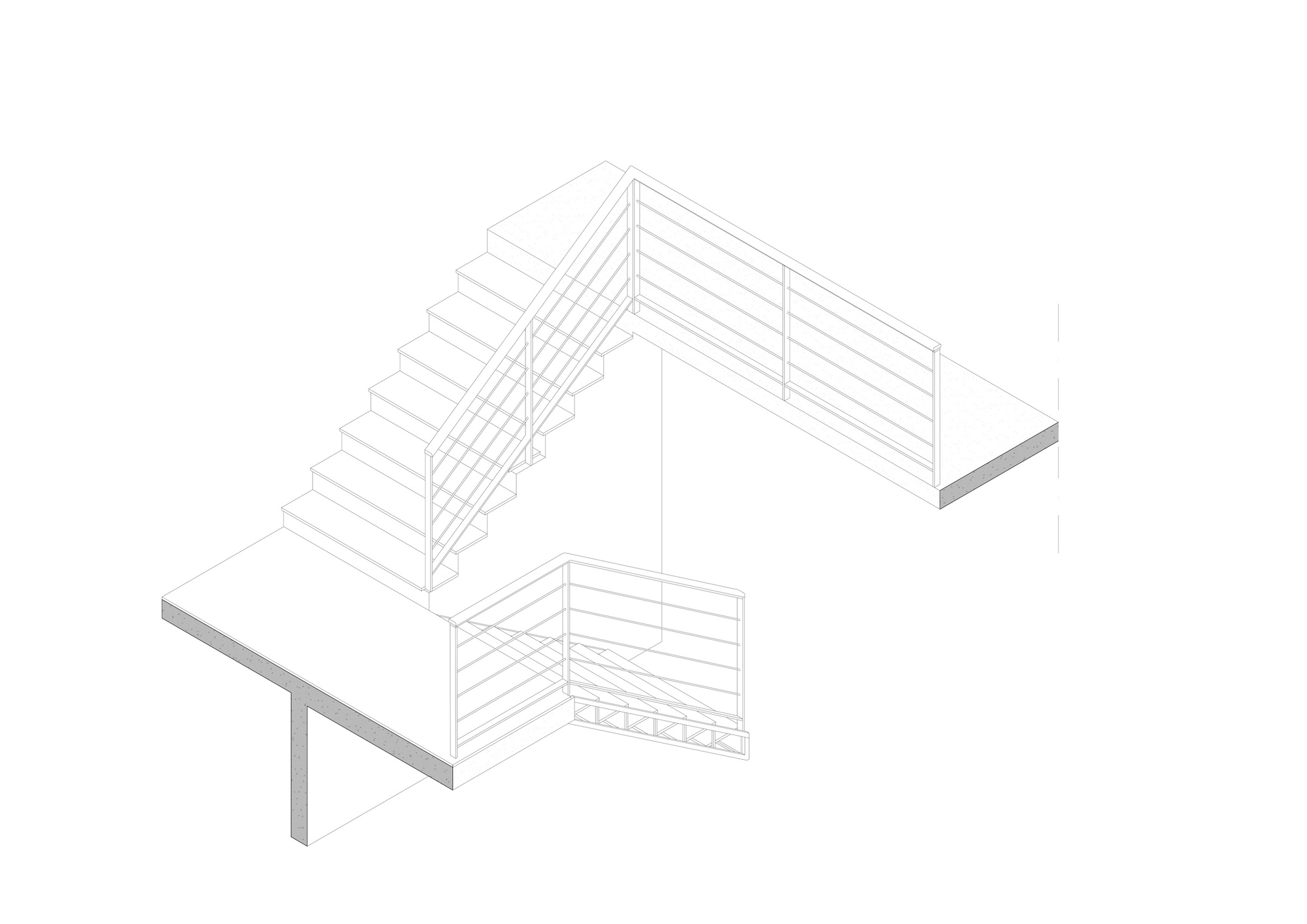 Axonometric drawing of a staircase with horizontal railings connecting two cantilevered floor plates