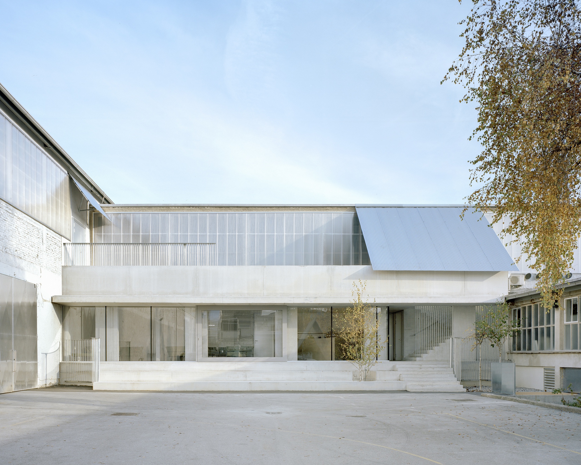 White concrete and translucent polycarbonate facade with cantilevered upper floor and young tree in courtyard