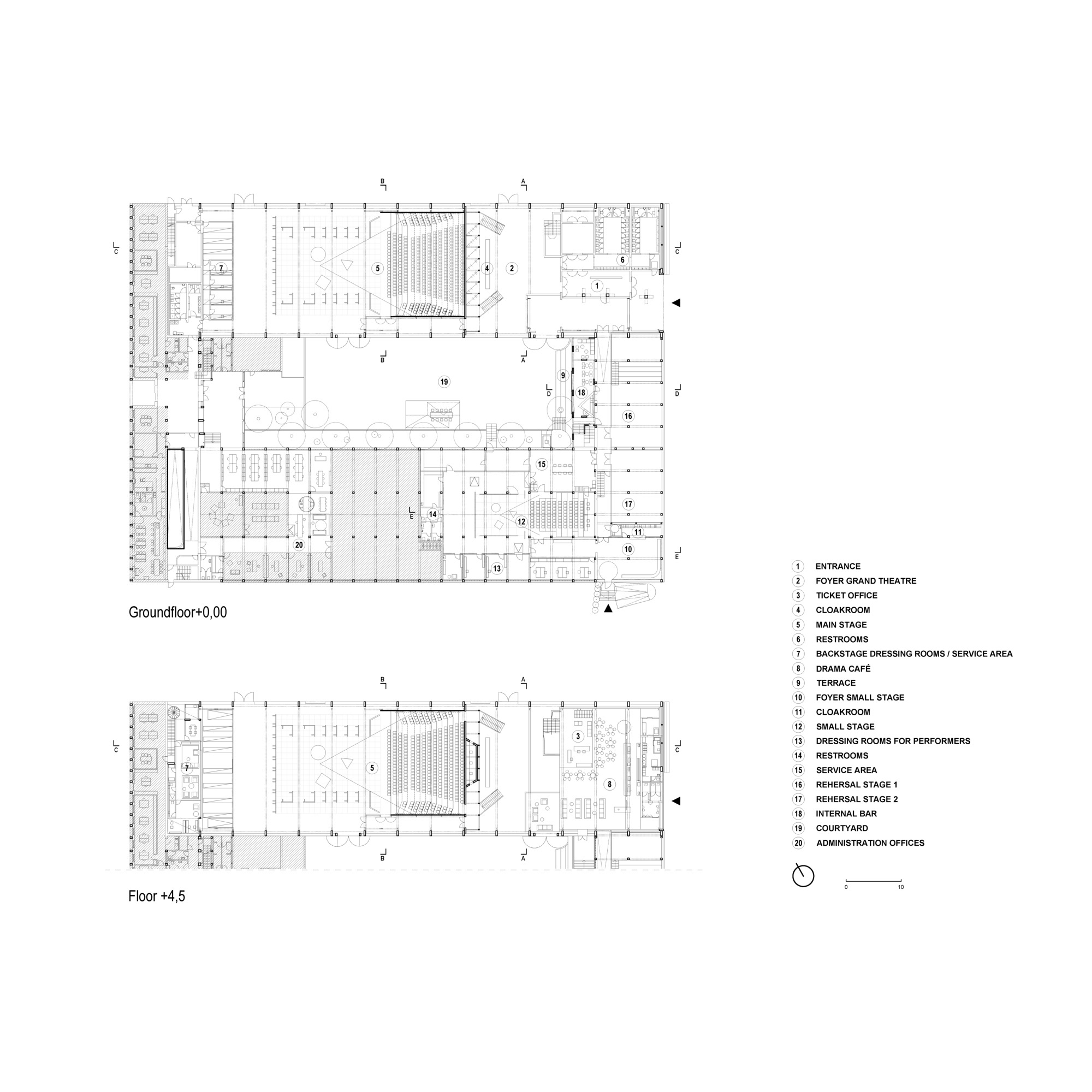 Floor plans of ground level and upper level showing theatre seating arrangements and surrounding support spaces